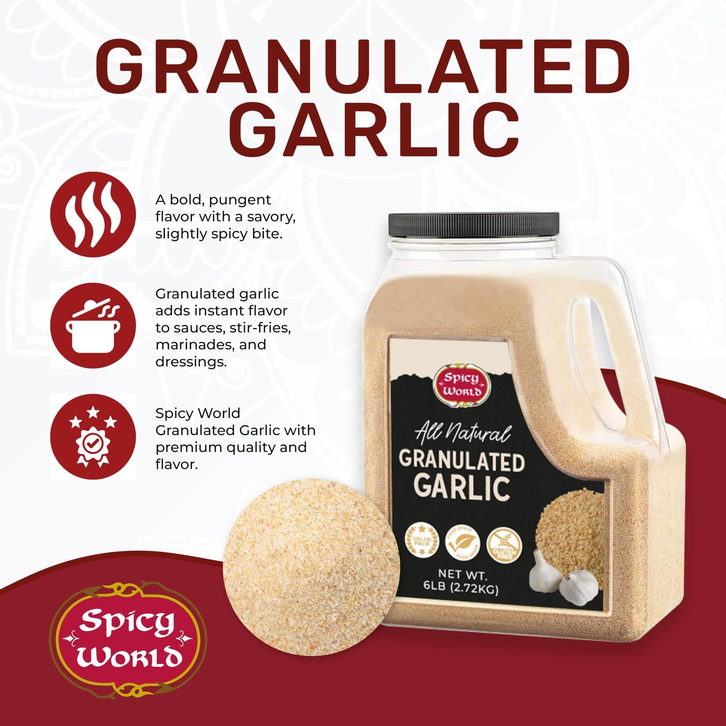Spicy World Granulated Garlic 6 LB Jar - Gluten Free, Coarse Ground Dehydrated Garlic, Non-GMO, Bold Flavor for Cooking, Seasoning & Spice Blends