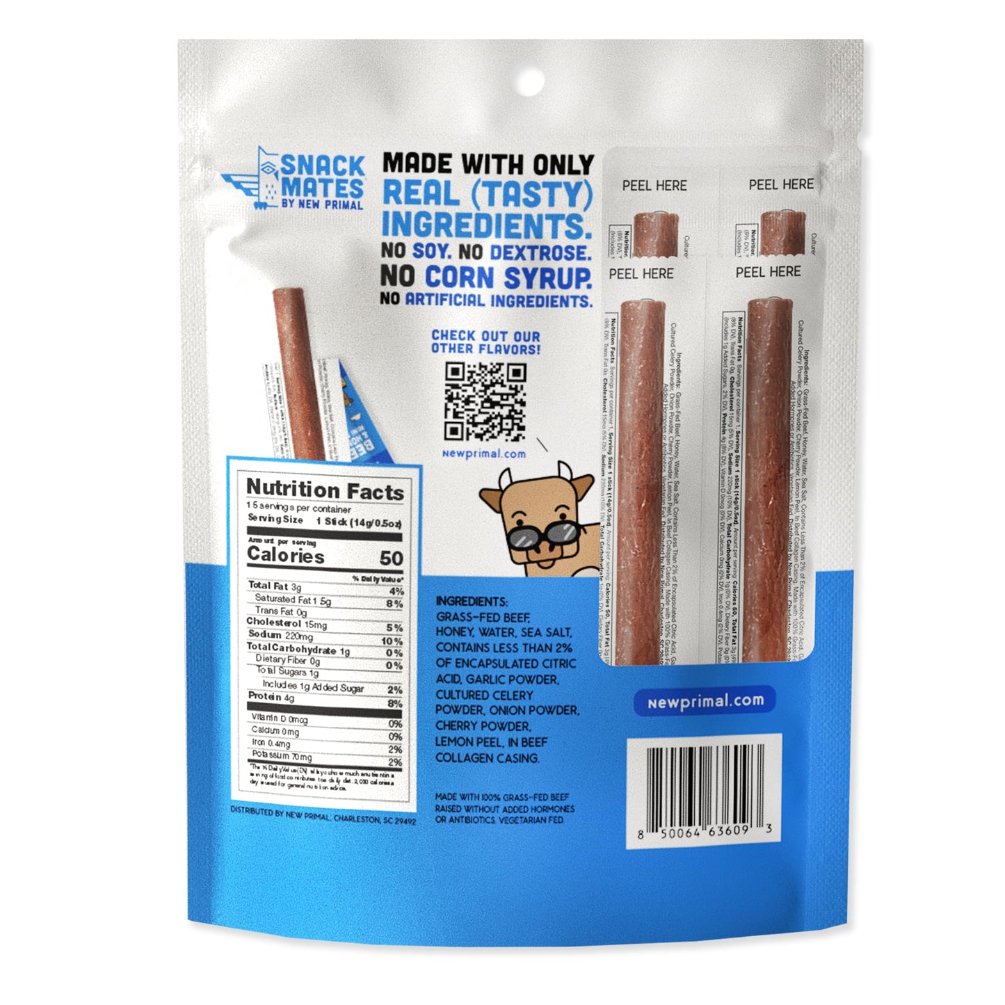 New Primal Snack Mates Beef & Honey Sticks, Healthy Snacks for Kids, Low Sugar High Protein Back to School Snacks, Gluten Free, Mini Jerky Meat Stick