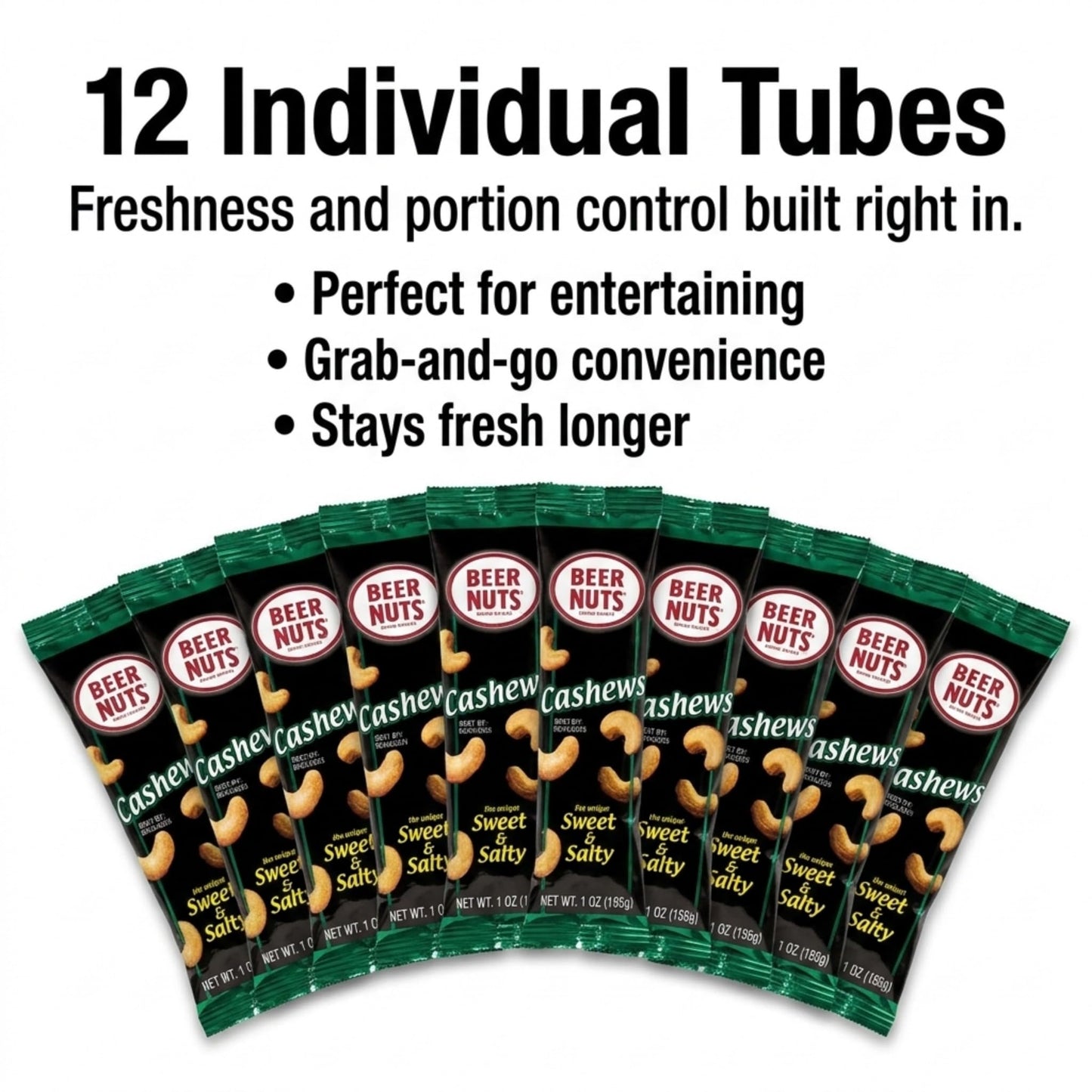 BEER NUTS Individual Tube Bags Display, Sweet & Salty Bar Nuts - Gluten Free, Kosher, Low Sodium Peanut Snacks Made In The USA (12 Pack) (12 Count