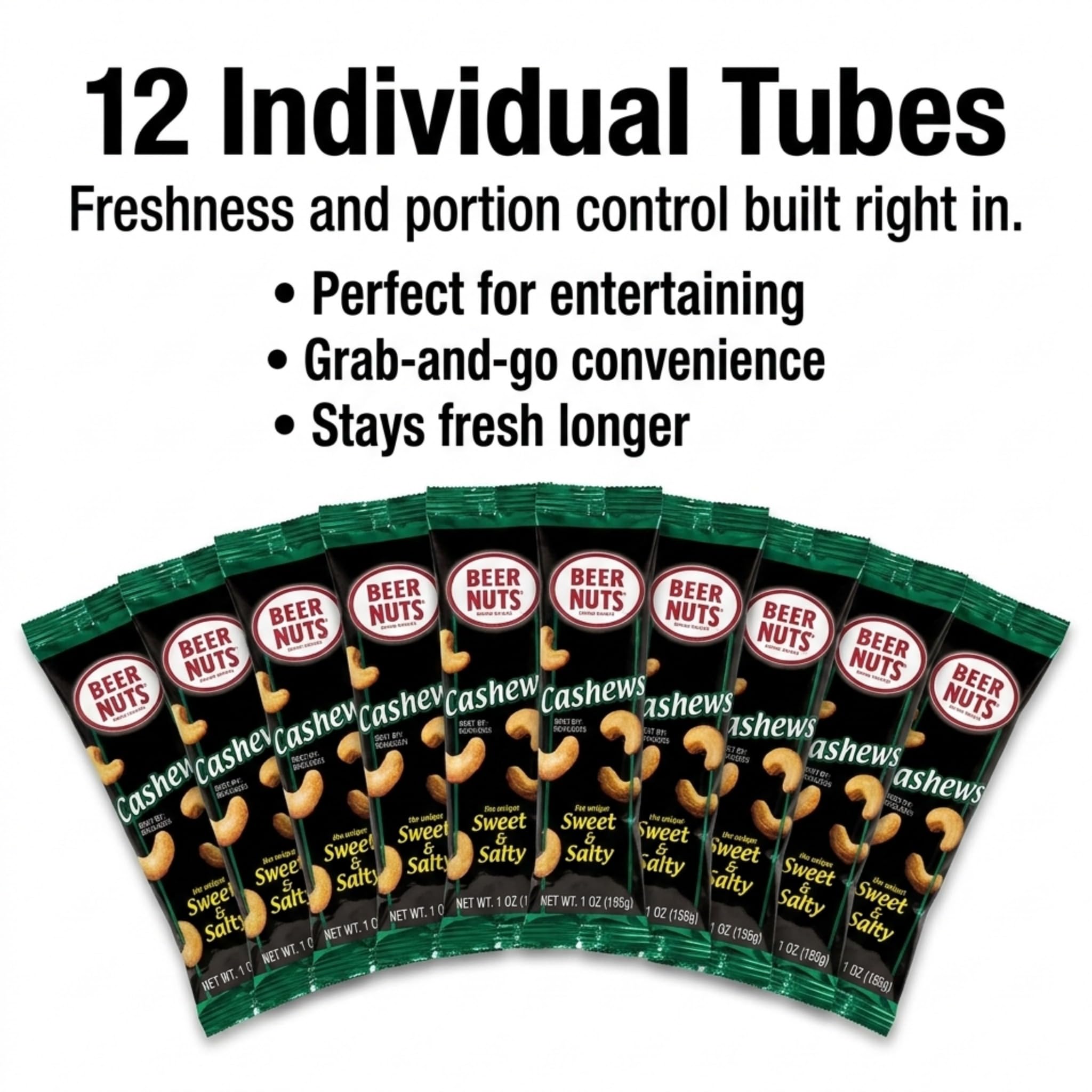 BEER NUTS Individual Tube Bags Display, Sweet & Salty Bar Nuts - Gluten Free, Kosher, Low Sodium Peanut Snacks Made In The USA (12 Pack) (12 Count