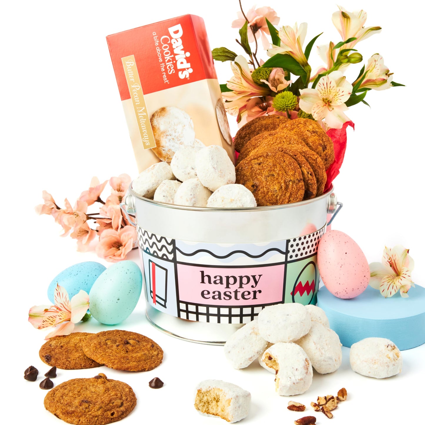 David’s Cookies Easter Assorted Cookies Gift Bucket - Freshly Baked Gourmet Thin Crispy Cookies and Butter Pecan Meltaways - Made of Fresh Ingredients