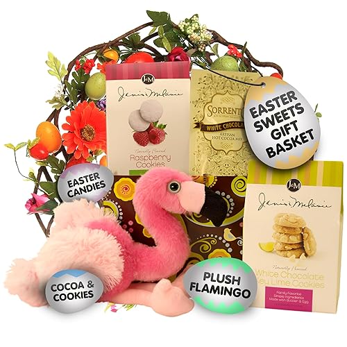 Gift Basket Village Easter Sweets Gift Basket Pre Filled Easter Basket Ideas for Kids & Adults with Candy, Plush Flamingo, Cocoa, and Cookies, Teenage