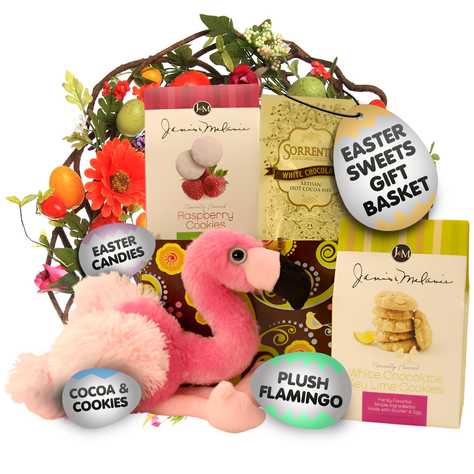 Gift Basket Village Easter Sweets Gift Basket Pre Filled Easter Basket Ideas for Kids & Adults with Candy, Plush Flamingo, Cocoa, and Cookies, Teenage