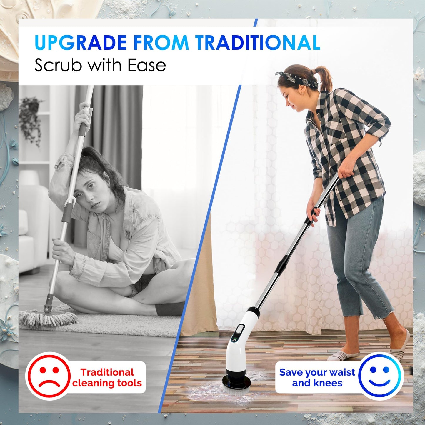 Electric Spin Scrubber for Cleaning, Cordless Power Scrubber with Long Handle, 10 Replaceable Brush Heads, 2-Speed, IPX7 Waterproof for Bathroom