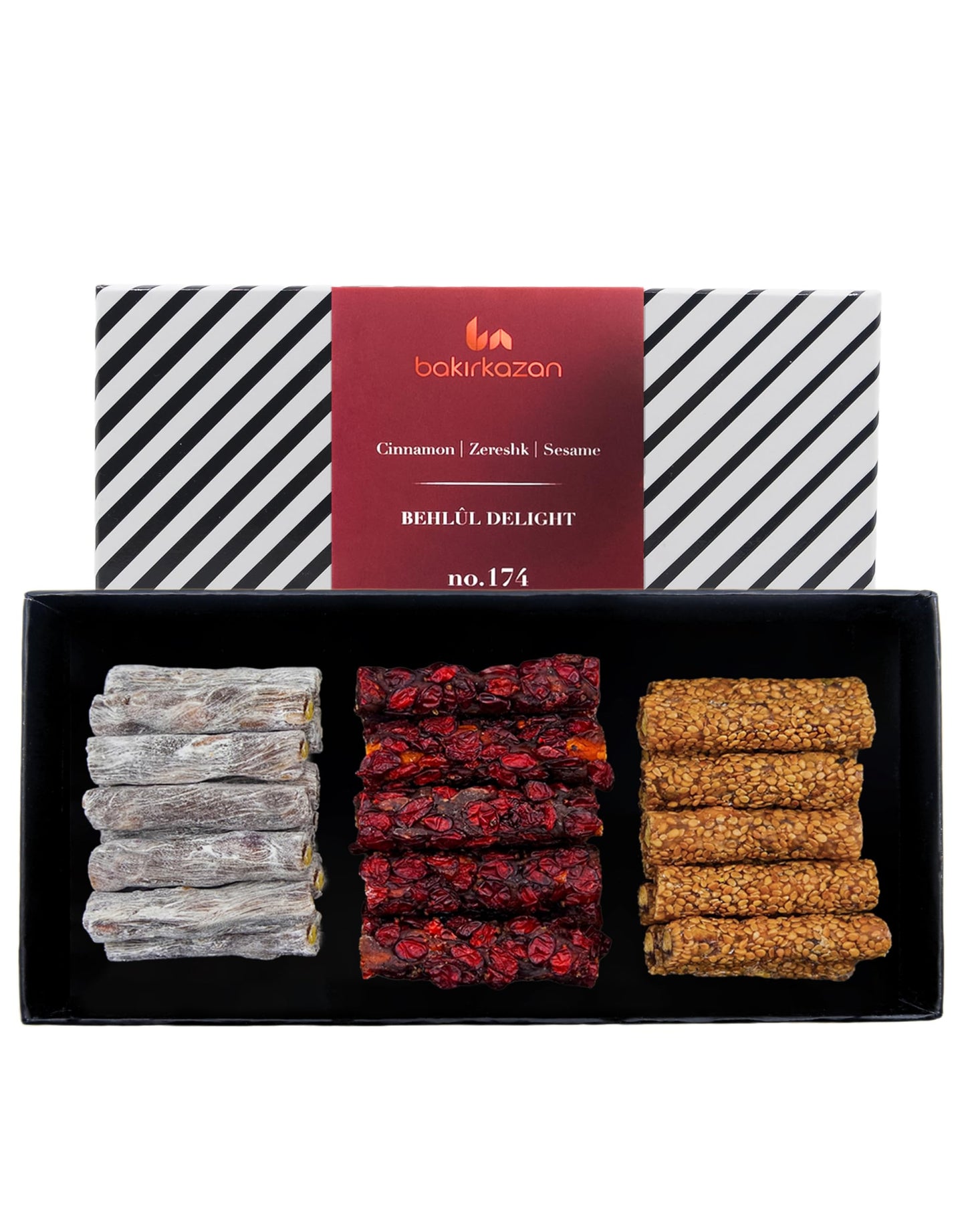 Turkish Delight Behlul by BAKIRKAZAN, Turkish Pistachios Twist Delights 36 piece Candy 8.8 oz, w/ 3 Flavors: Cinnamon, Zereshk, Sesame, Luxury Food