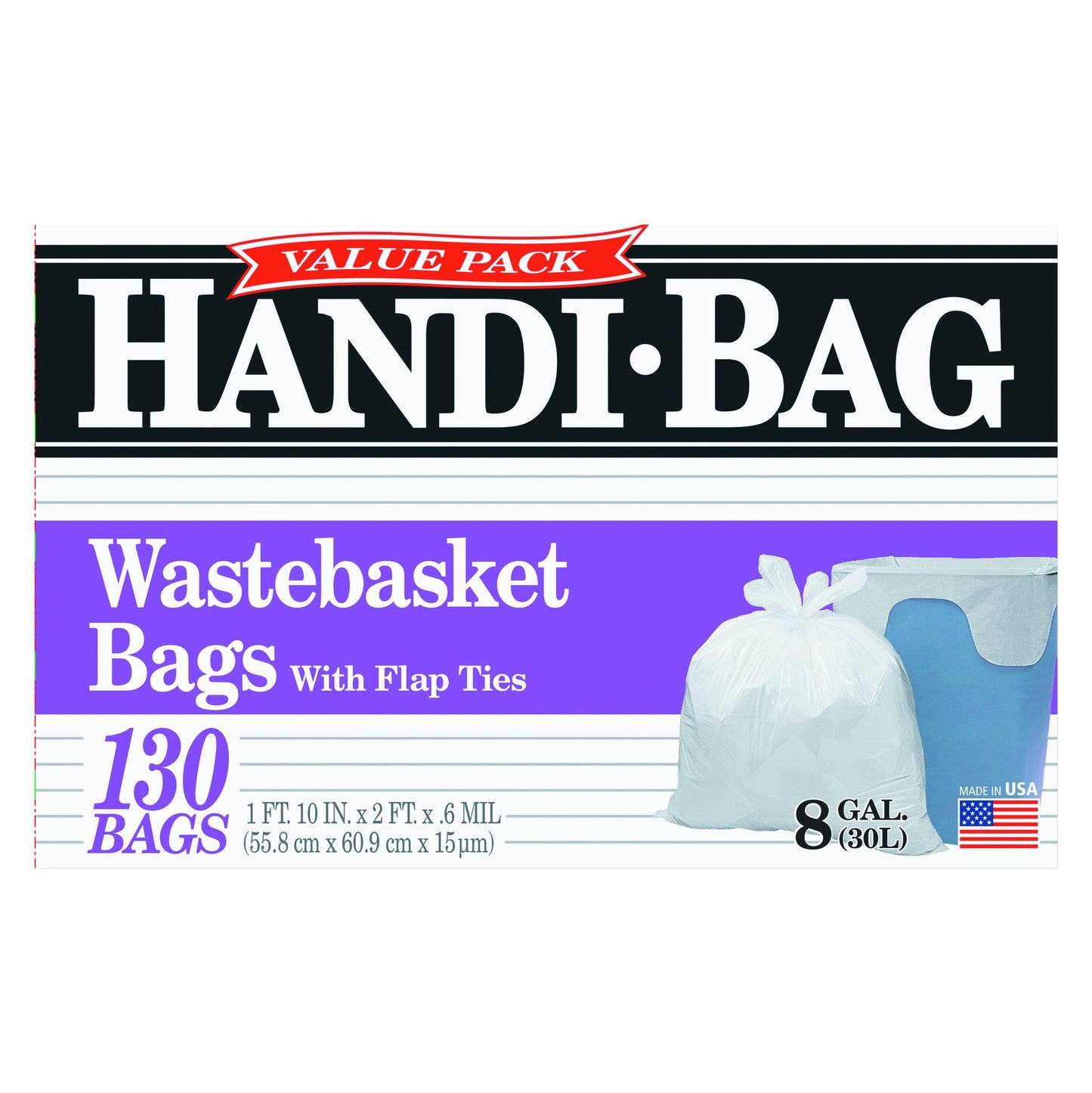 Handi-Bag HAB6FW130 Super Value Pack, 8gal, 0.6mil, 22 x 24, White (Box of 130)
