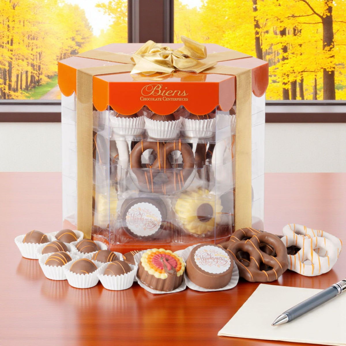 Biens Chocolate Centerpieces, Thanksgiving Selection Box - 42 Piece Fall Gift Set with Covered Chocolate Sandwich Cookies, Pretzels & Hand Decorated