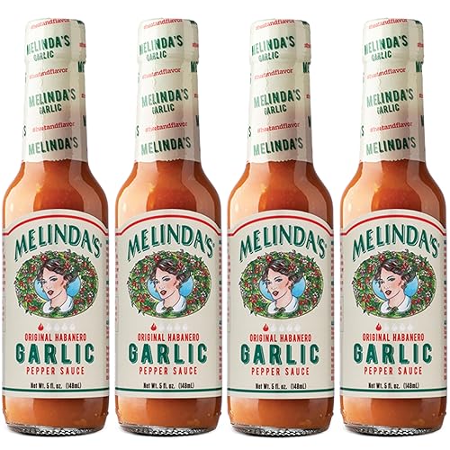 Melinda’s Garlic Habanero Hot Sauce - Gourmet Garlic Hot Sauce - Made with Habanero Peppers, Carrots, & Onion - Keto, Vegan, Gluten Free - 5oz, 4 Pack