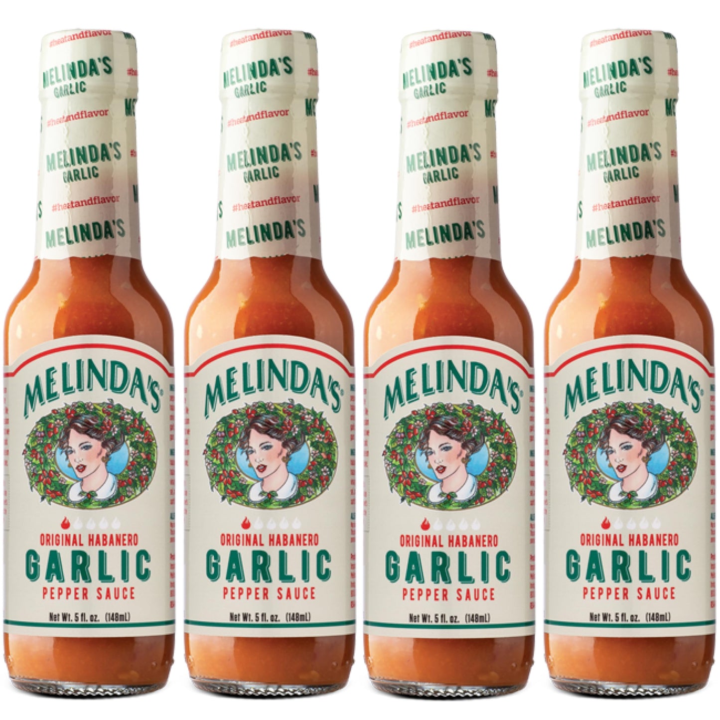 Melinda’s Garlic Habanero Hot Sauce - Gourmet Garlic Hot Sauce - Made with Habanero Peppers, Carrots, & Onion - Keto, Vegan, Gluten Free - 5oz, 4 Pack