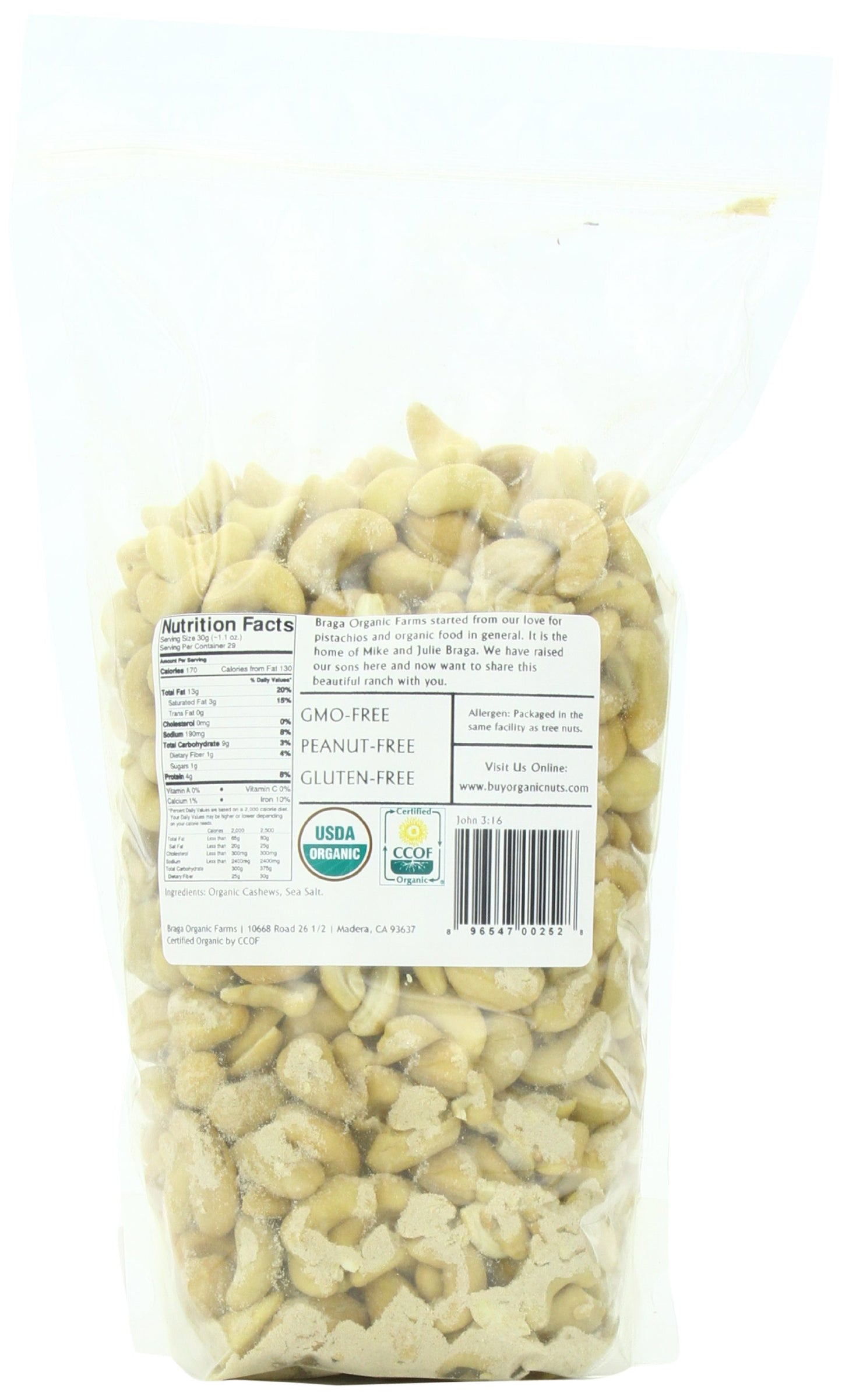 Braga Organic Farms Organic Roasted and Salted Cashews 2 lb. bag