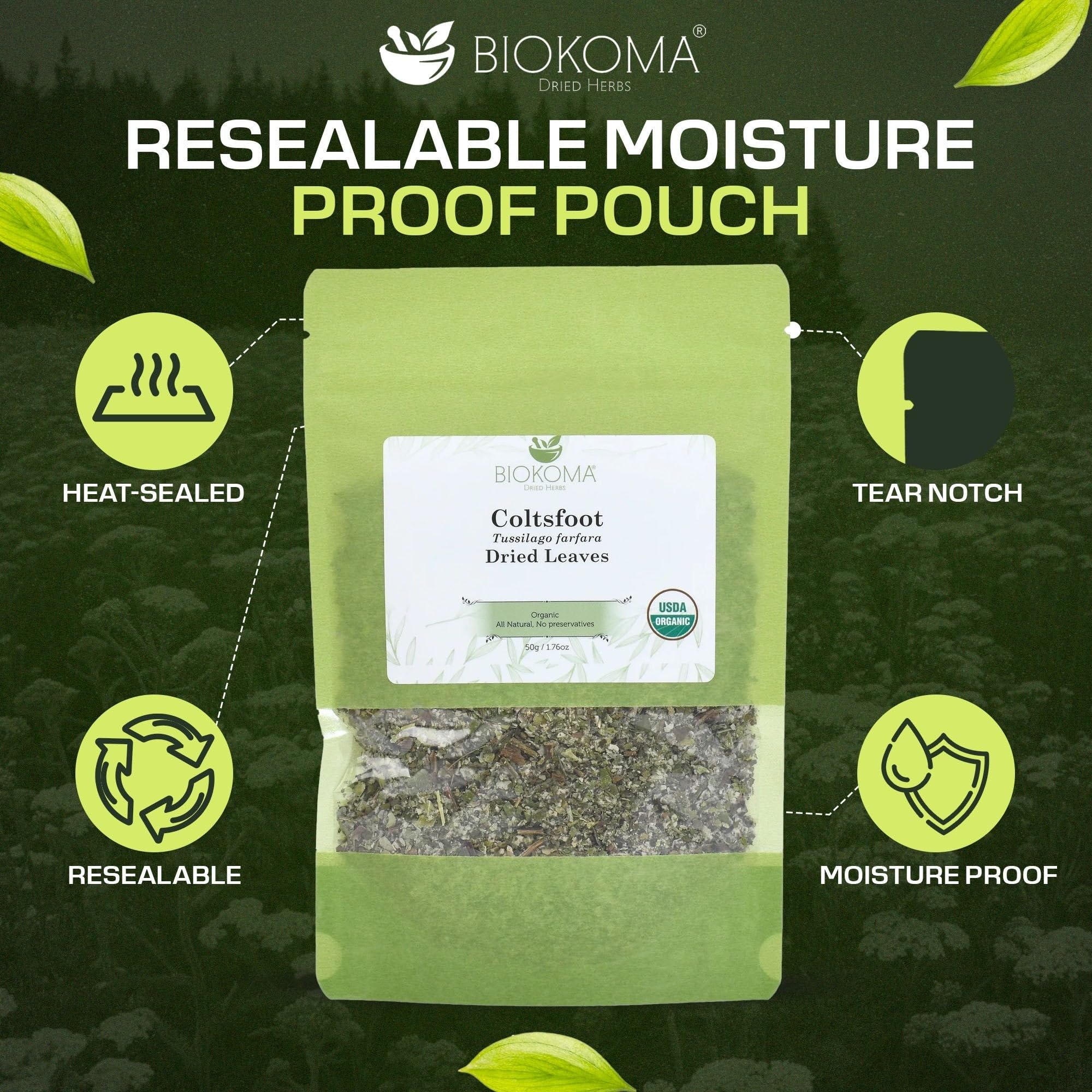 Biokoma Organic Coltsfoot Leaves 50g 1.76oz USDA Organic Tussilago farfara Dried Herb Cut & Sifted Respiratory Support Soothing Herbal Tea Resealable