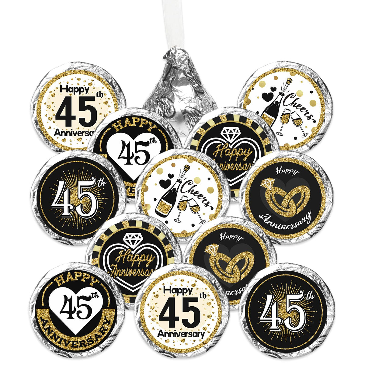 Black and Gold 45th Anniversary Kisses Stickers, 180 Count 0.75" Round Candy Labels, Chocolate Favor Stickers for 45th Wedding Anniversary Party