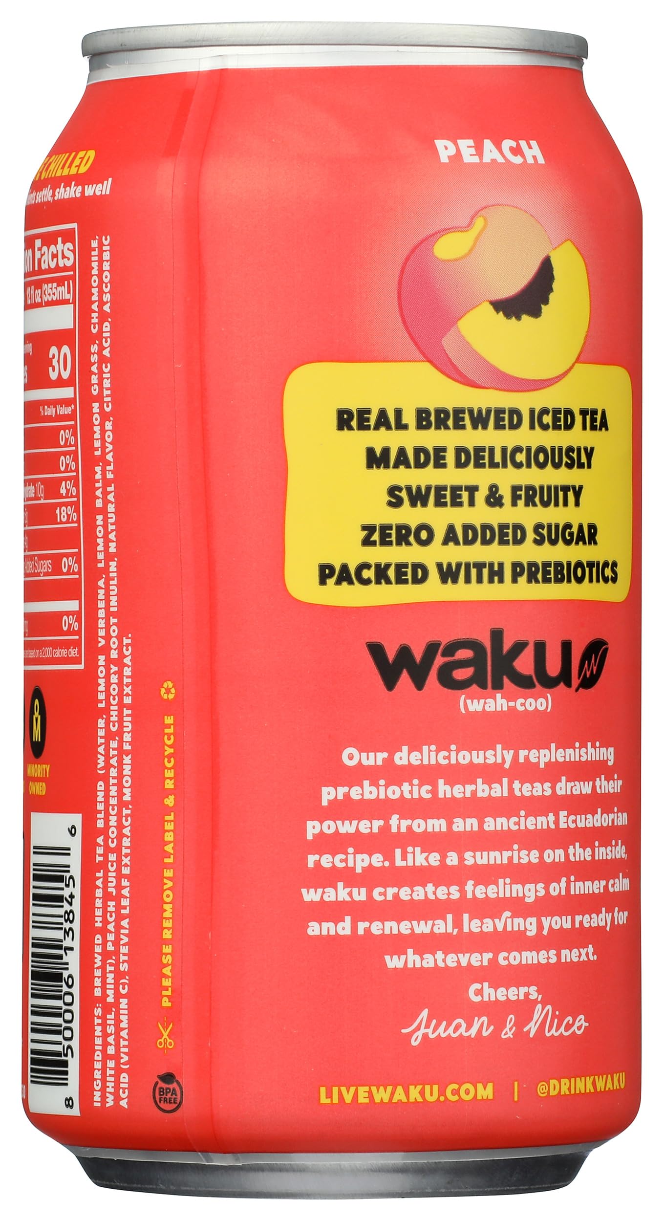 Waku, Tea Prebiotic Herbal Peach, 12 Fl Oz
