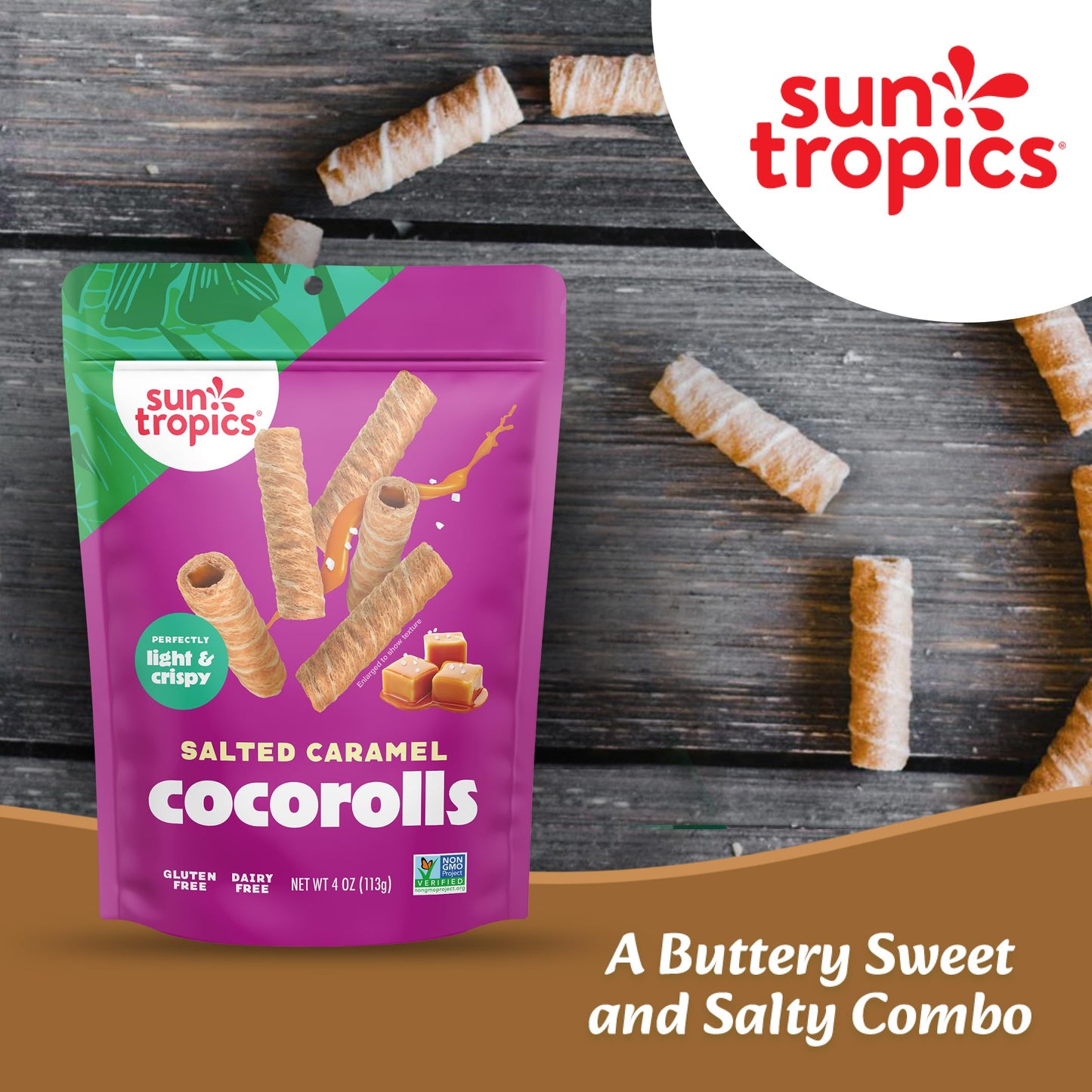 Sun Tropics CocoRolls Salted Caramel Flavor 4 oz | Crisp Rolled Wafer Cookies, Coconut Rolls Made With Pure Coconut Cream | Gluten Free & Dairy Free
