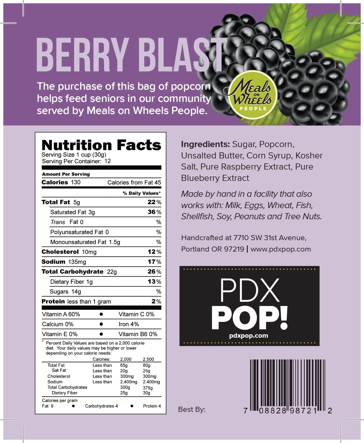 PDXPOP Handmade Gourmet Flavored Popcorn Treat, Large Snack Bag, Berry Blast