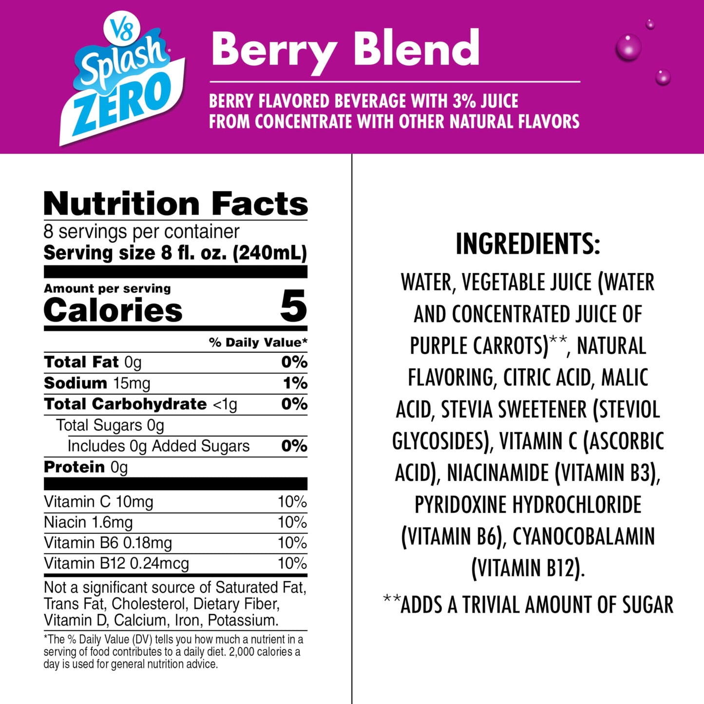 V8 Splash Zero Sugar Berry Blend Flavored Beverage, 64 fl oz Bottle