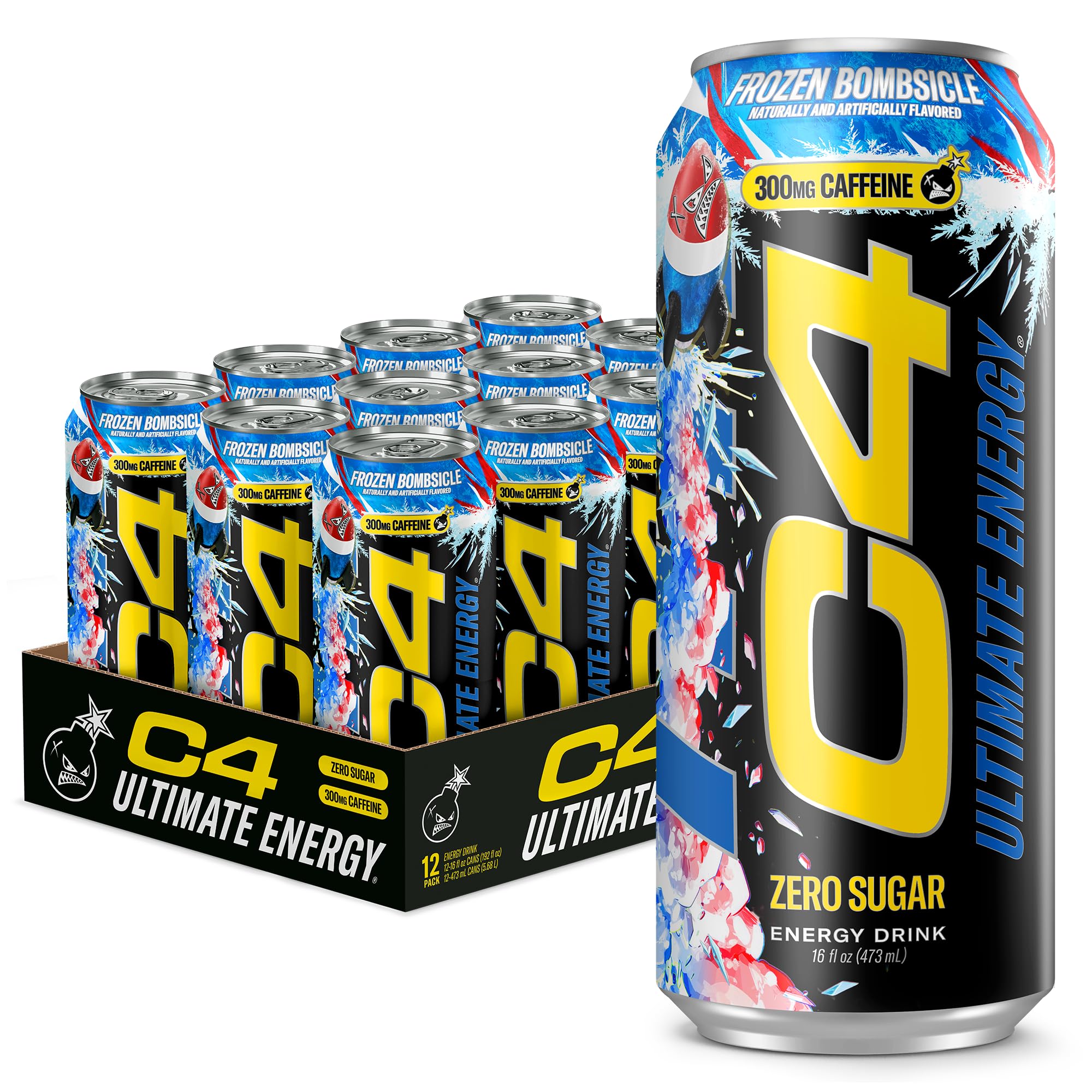 C4 Ultimate Energy Drink, 300mg Caffeine, Zero Sugar, High-Performance Energy for Pre-Workout, Endurance, and Focus, Frozen Bombsicle, 16oz (Pack