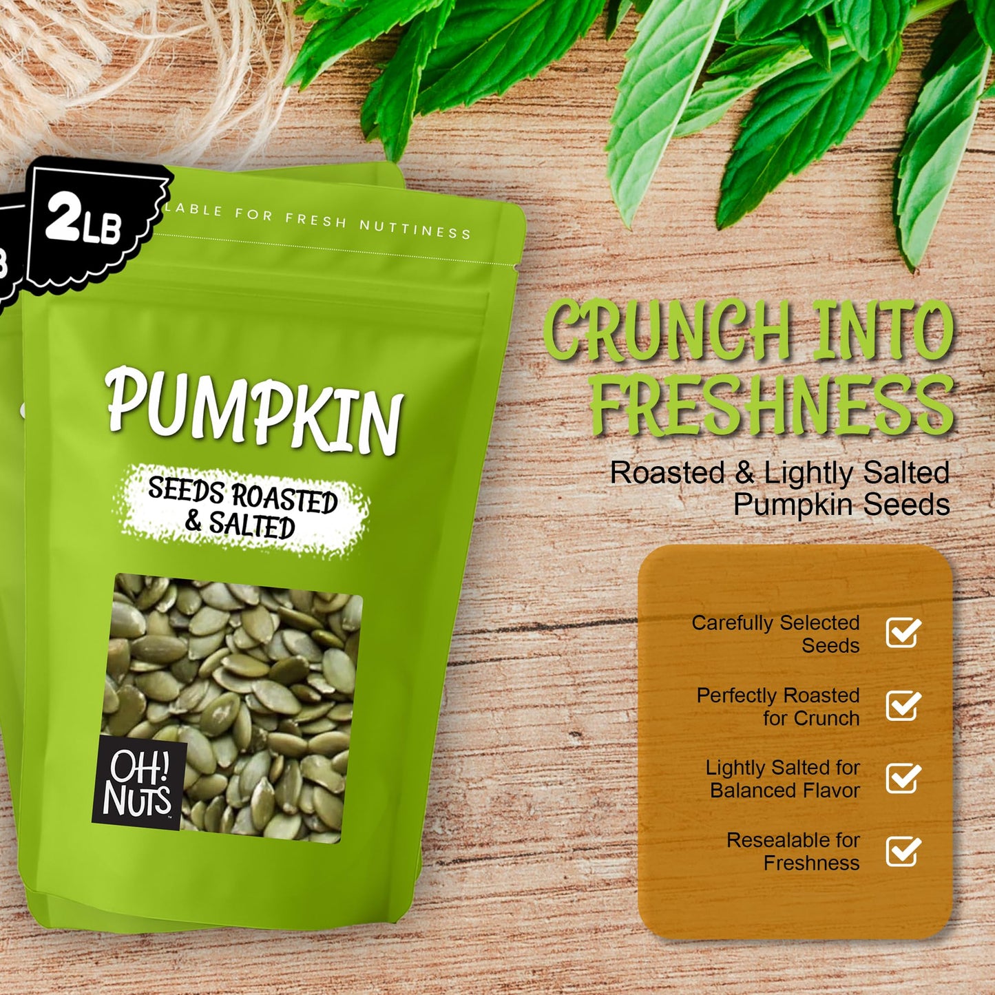 Oh! Nuts Pumpkin Seeds - Roasted Salted - 2 lb - No Shell Pepitas - Packed in New York Zip-Seal Bag for Exceptional Freshness