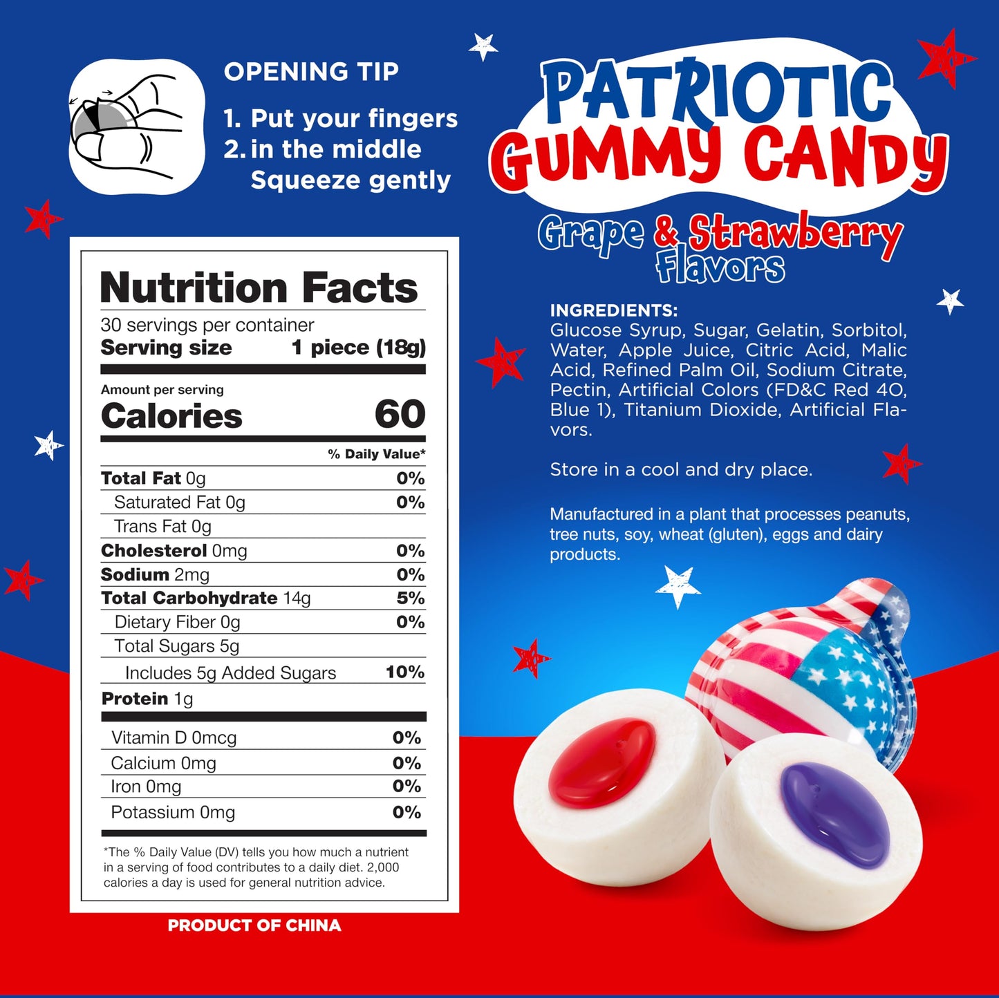 Patriotic Candy - Gummy Balls - 30 Count - 19 Oz Jar - 4th of July Candy Individually Wrapped - Red White and Blue Gummy Candies - Strawberry & Grape