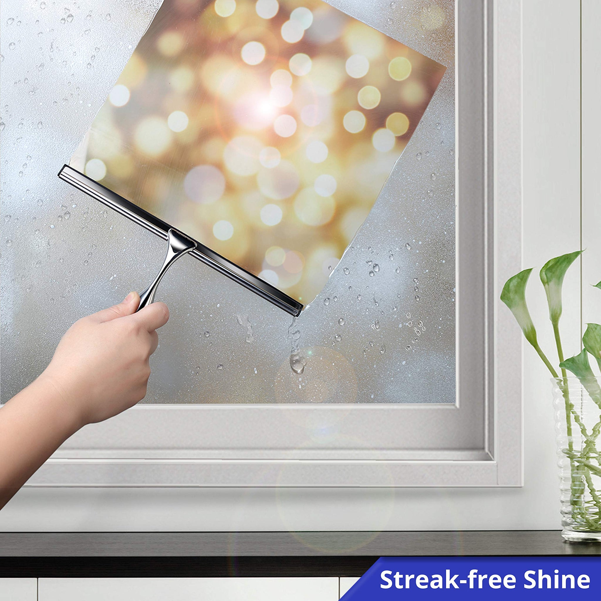 HOME SO Shower Squeegee for Glass Doors - Stainless Steel Squeegee with Adhesive Hooks - Window, Floor & Car Squeegee, Multi-Purpose Bathroom, Mirror