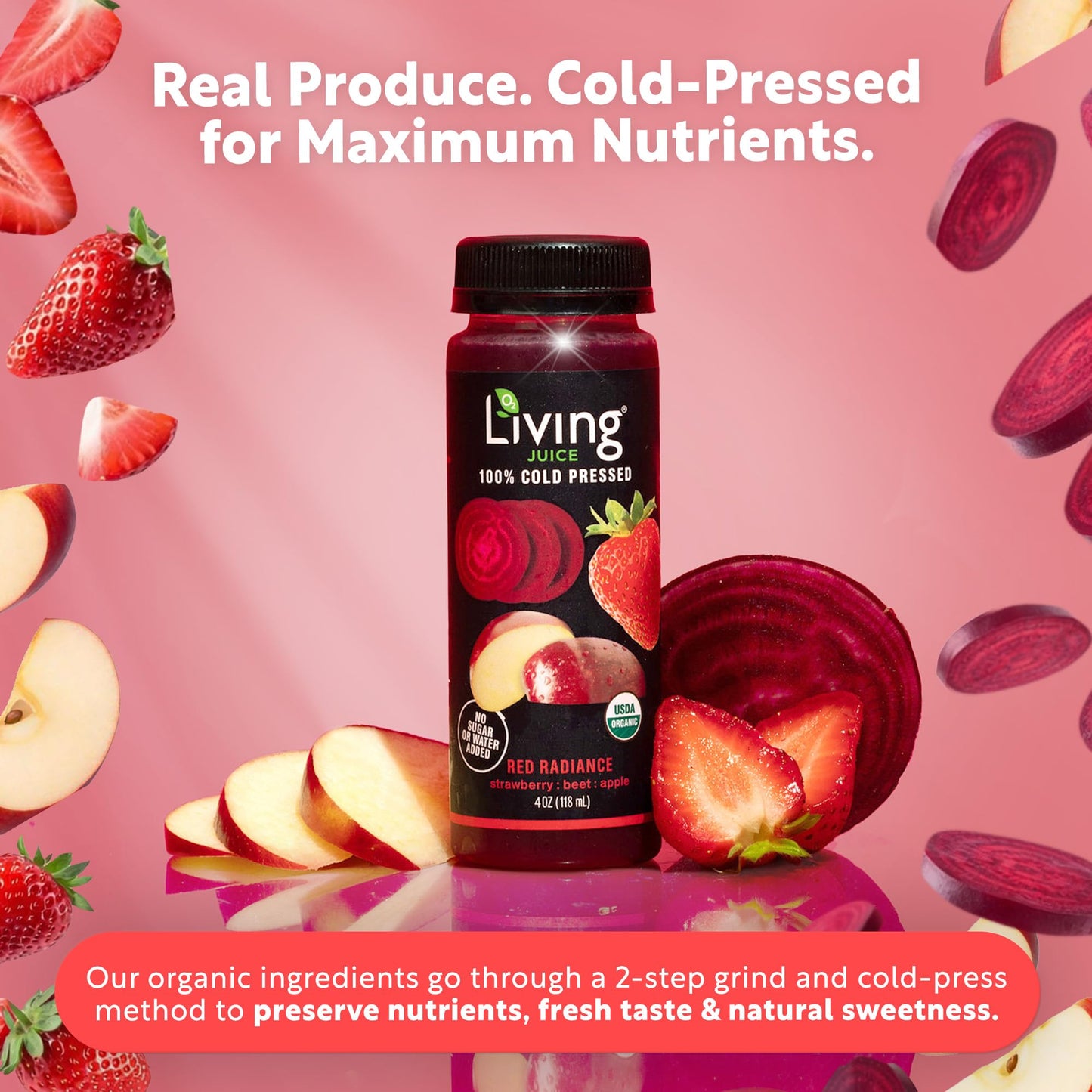 O2 Living Juice Cold Pressed Drink - Red Radiance Organic Juice Pack - No Added Sugar or Water, Naturally Sweetened from Fruits, Rich in Nutrients