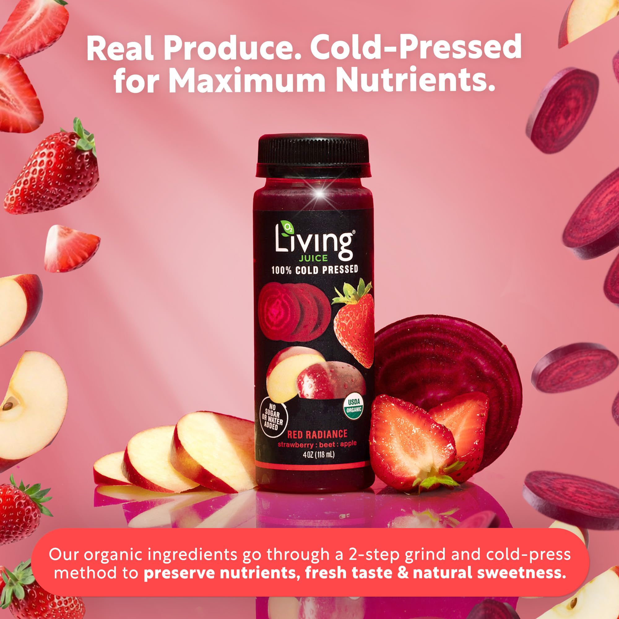 O2 Living Juice Cold Pressed Drink - Red Radiance Organic Juice Pack - No Added Sugar or Water, Naturally Sweetened from Fruits, Rich in Nutrients