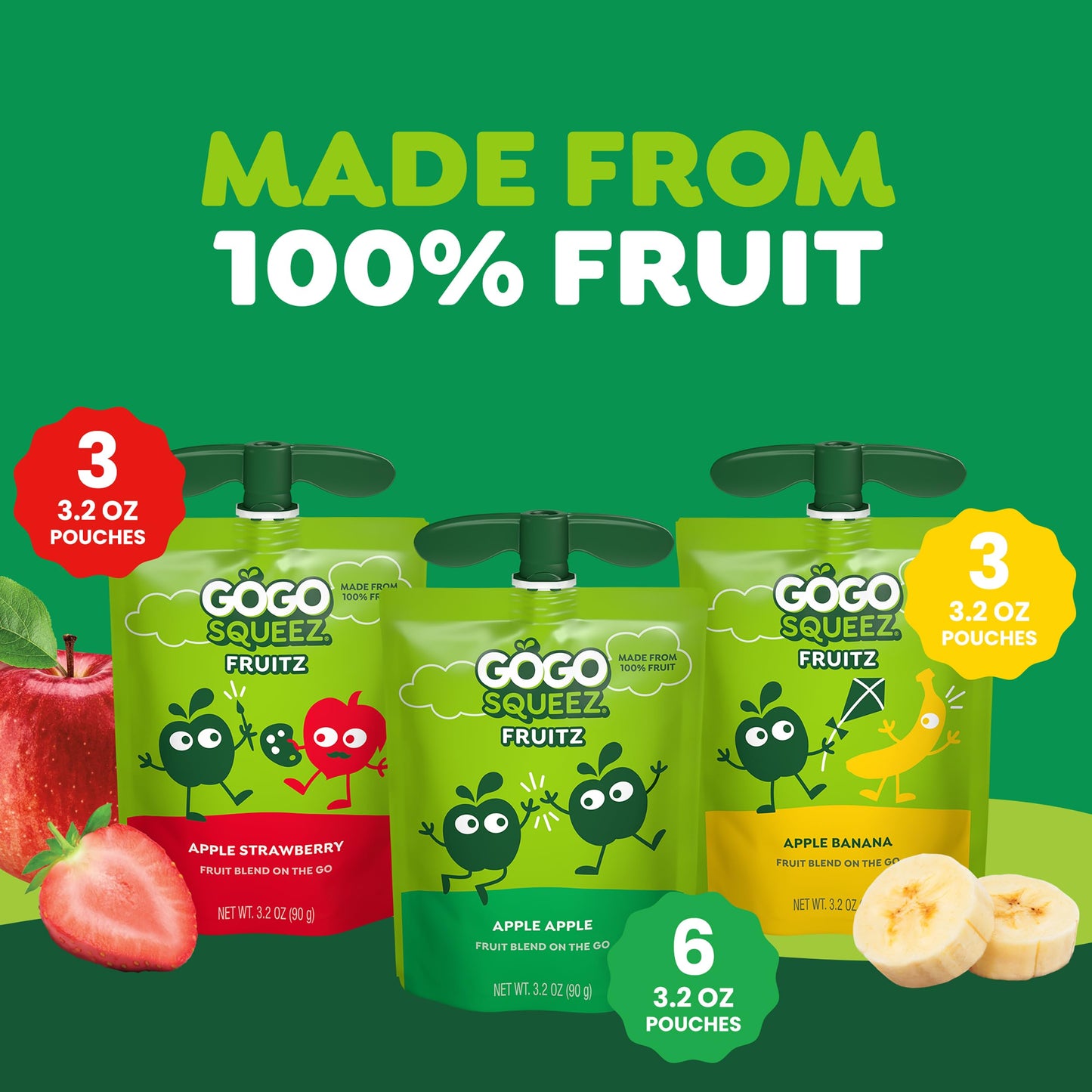 GoGo squeeZ Applesauce and Fruit Puree, Apple, Strawberry, & Banana, 3.2 oz (Pack of 12), Unsweetened Fruit Snacks for Kids, Gluten Free, Nut Free
