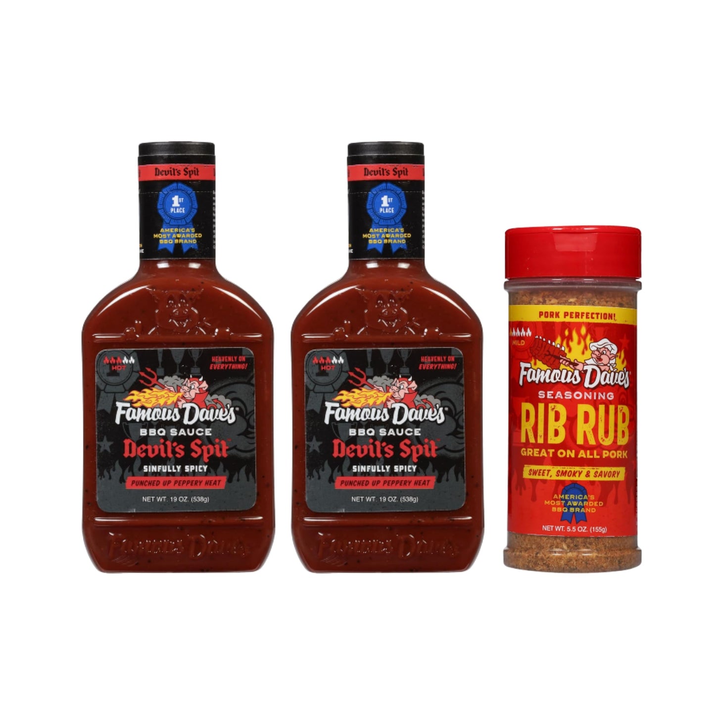 Famous Dave's Seasoning Variety Bundle - 2 pck Devil's Spit BBQ Sauce & 1 pck Rib Rub Seasoning (43.5 oz.)