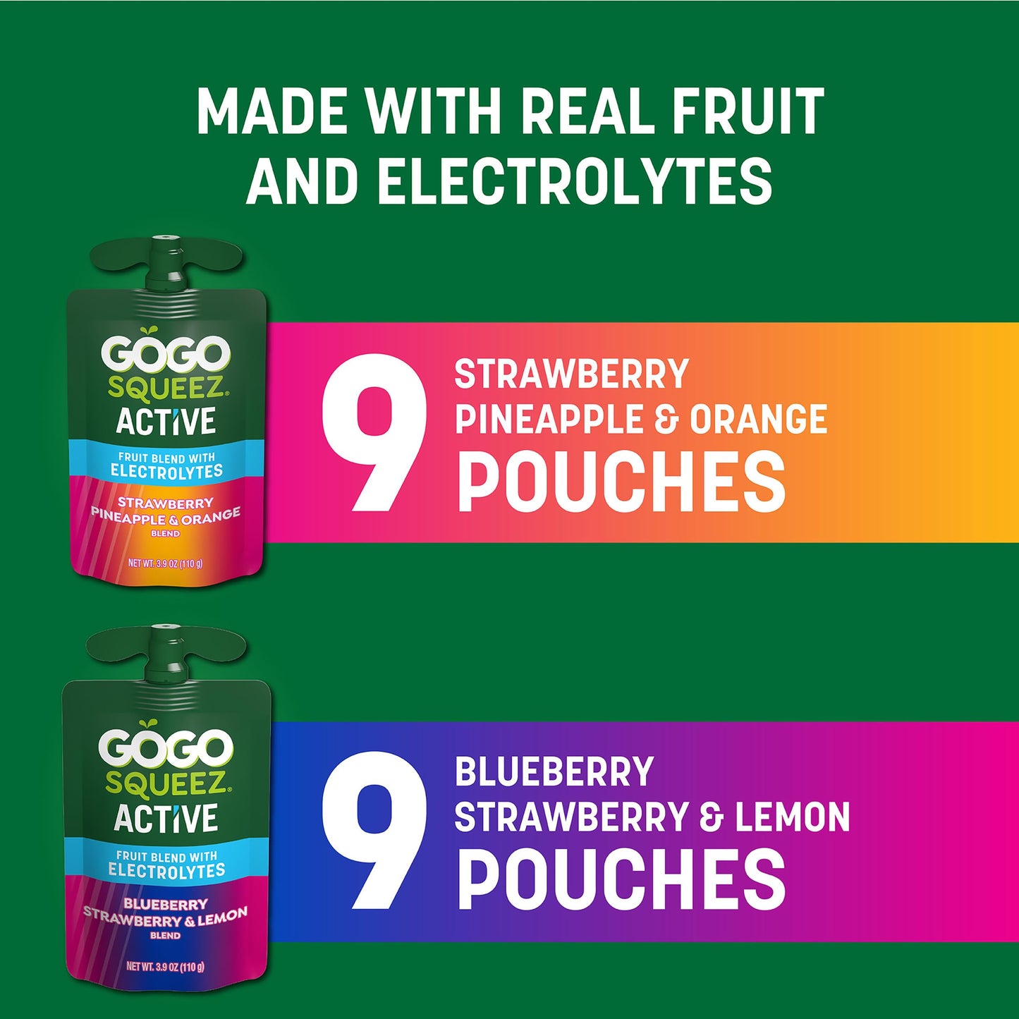 GoGo squeeZ No Sugar Added Active Fruit Blend with Electrolytes| 18-Count Variety Pack | Blueberry Strawberry Lemon & Strawberry Pineapple Orange |