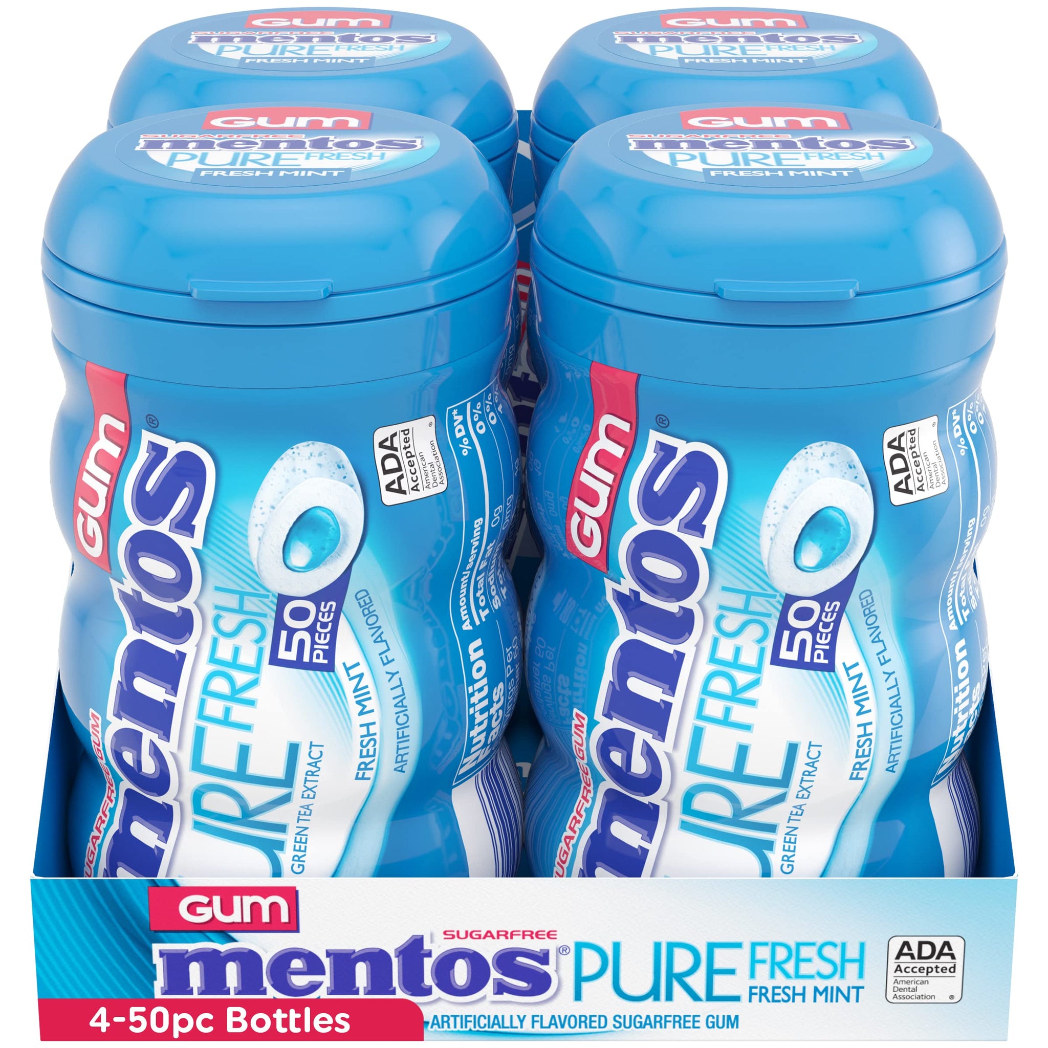 Mentos Pure Fresh Sugar-Free Chewing Gum with Xylitol, Fresh Mint, 50 Piece Bottle (Pack of 4)