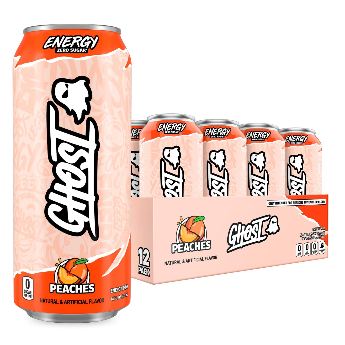 GHOST Energy Drink - 12-Pack, Peaches, 16oz - Energy & Focus & No Artificial Colors - 200mg of Natural Caffeine, L-Carnitine & Taurine - Gluten-Free
