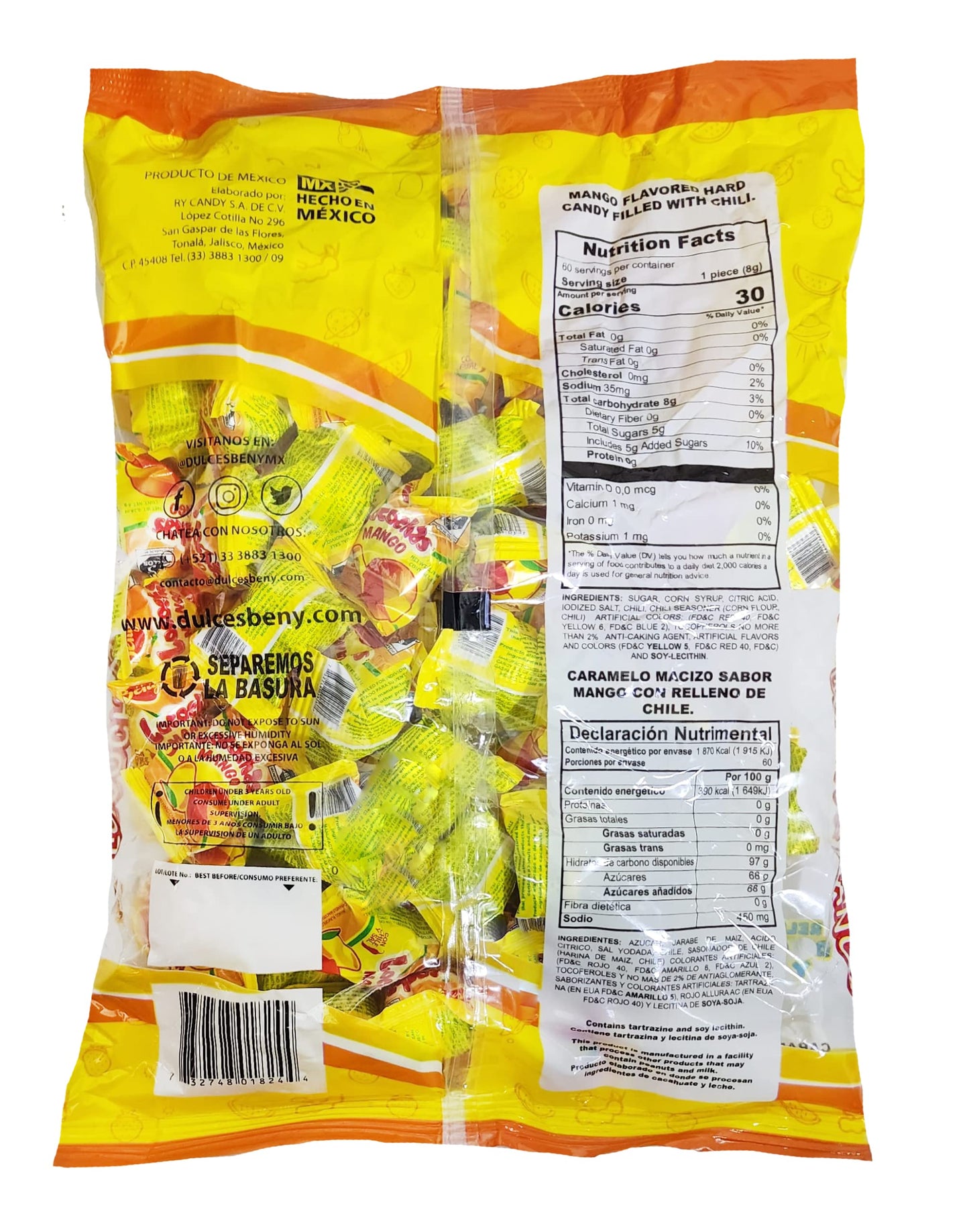 BENY LOCOCHAS MANGO FLAVORED HARD CANDY WITH CHILI CENTER 1LB .98OZ BAG 60PCS
