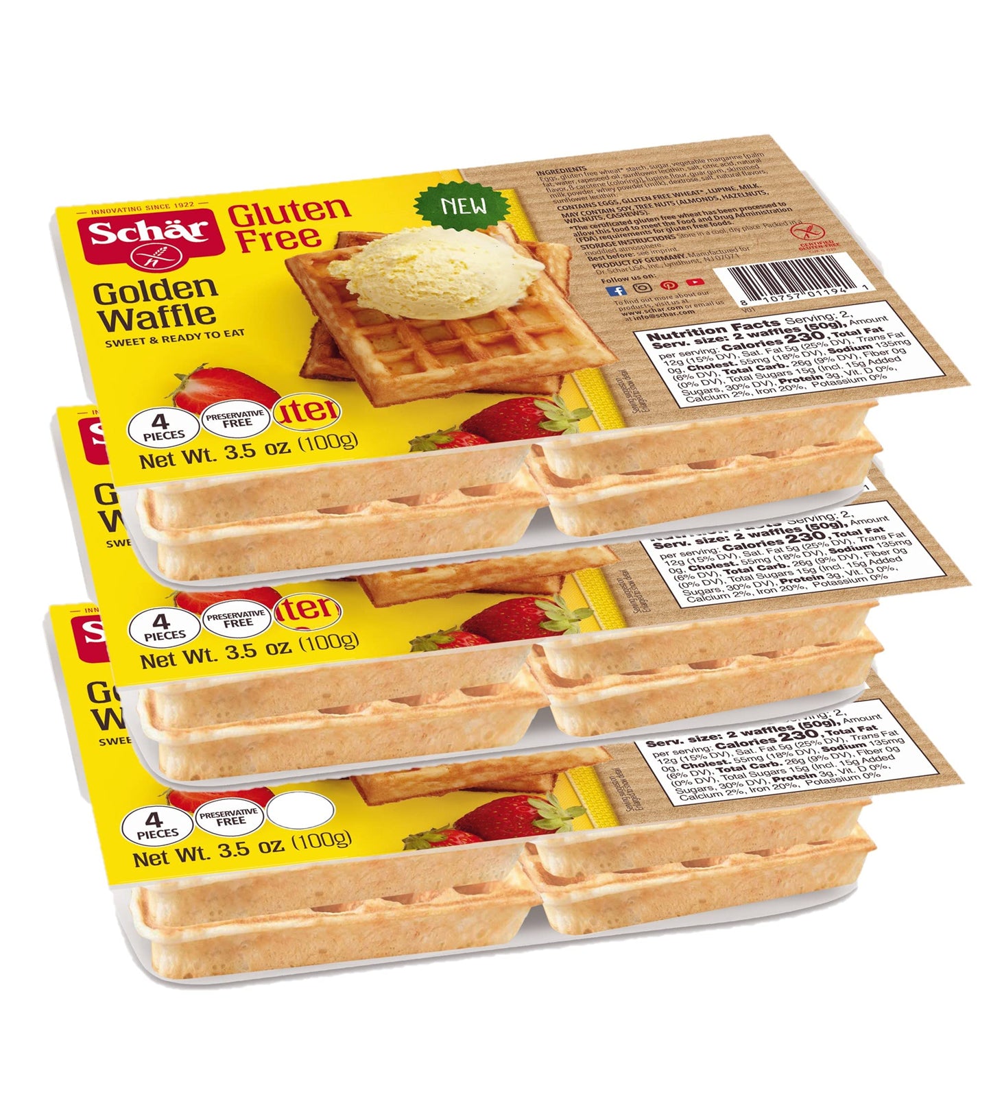 Schar Gluten Free Golden Waffles 4-Pack | 3 Count (12 Waffles Total)