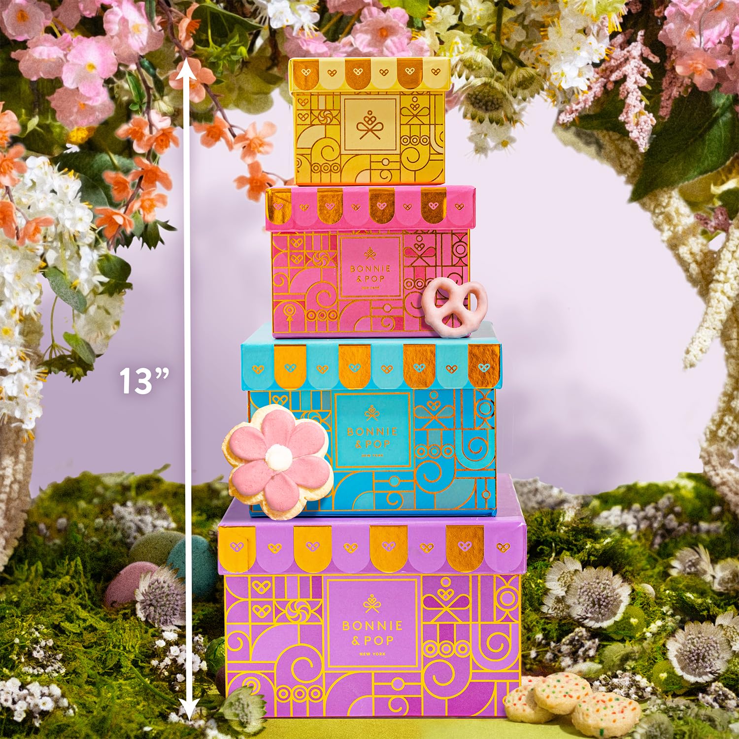 Gift Tower, Summer Candy Snack Gift Box Assortment with Cookies, Pretzels, Caramels, Nuts & Gourmet Treats - Gifts for Men, Women, Office, Employees