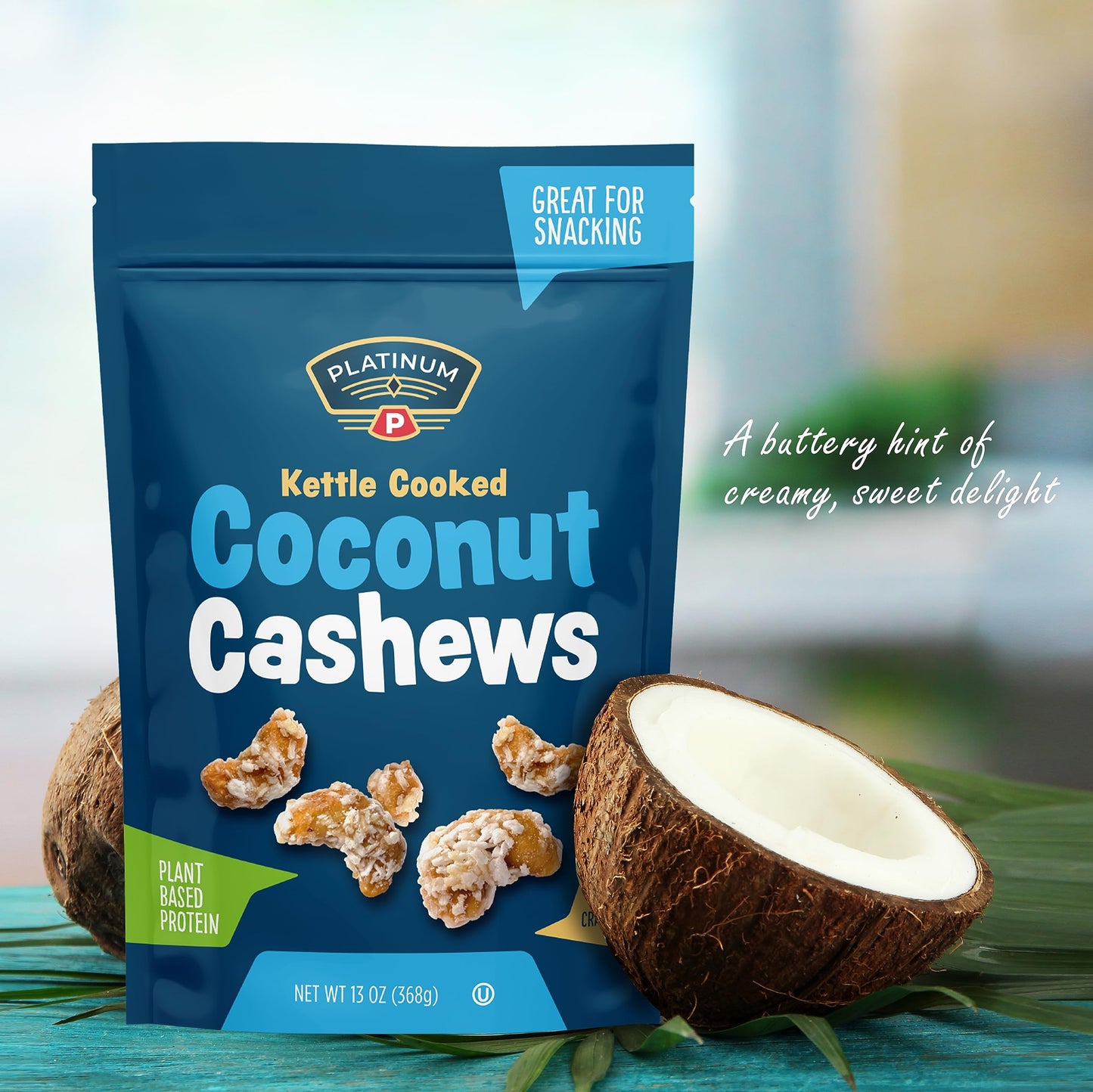 Platinum Kettle Cooked Coconut Cashews - Plant Based Protein, Fiber, Healthy Snack - Wholesome Nutritional Boost - Can Bring at Home, Work, Office