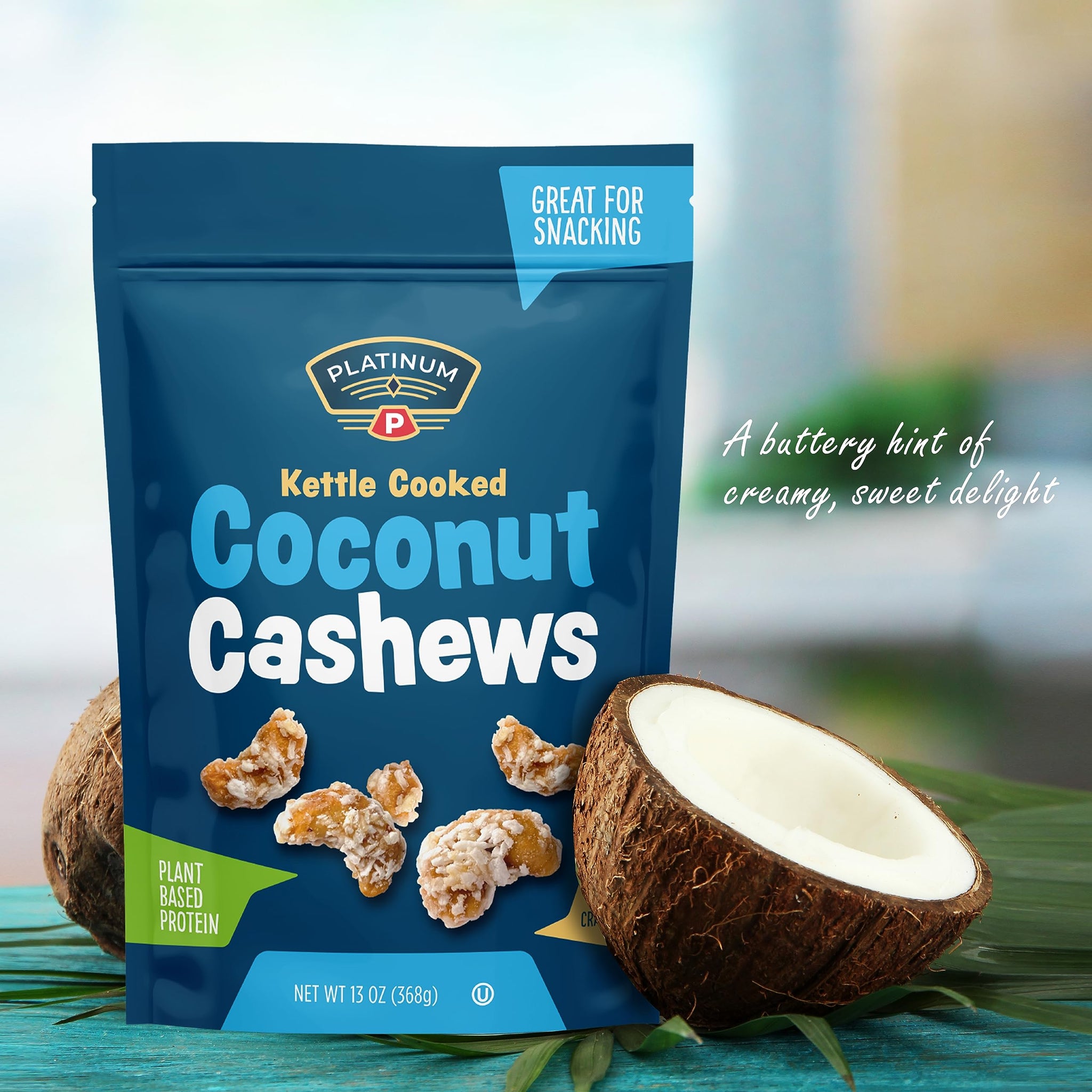 Platinum Kettle Cooked Coconut Cashews - Plant Based Protein, Fiber, Healthy Snack - Wholesome Nutritional Boost - Can Bring at Home, Work, Office