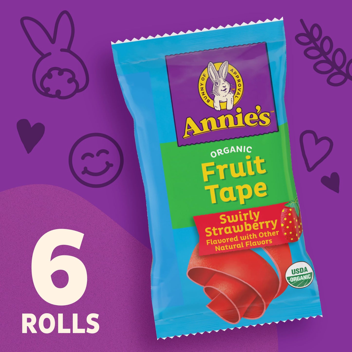 Annie's Organic Fruit Tape, Swirly Strawberry, Non-GMO and Organic Fruit Flavored Snacks, 6 Rolls, 4.5 oz