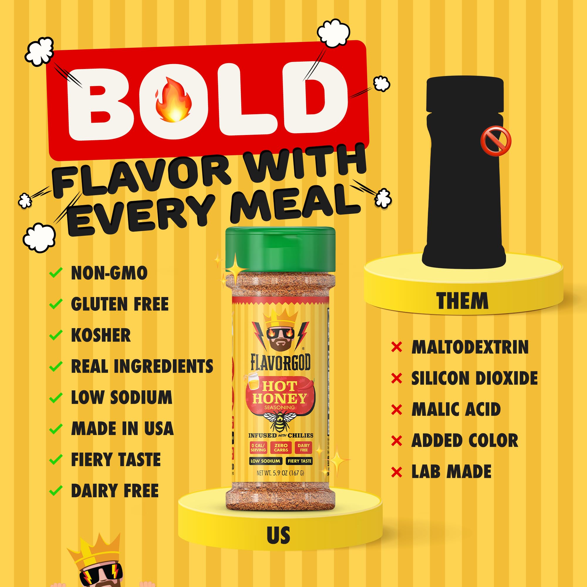 Hot Honey Seasoning Mix by Flavor God - Sweet & Spicy All Natural Spice Infused Blend with Chilies for Pizza, Fried Chicken, Wings, Cornbread