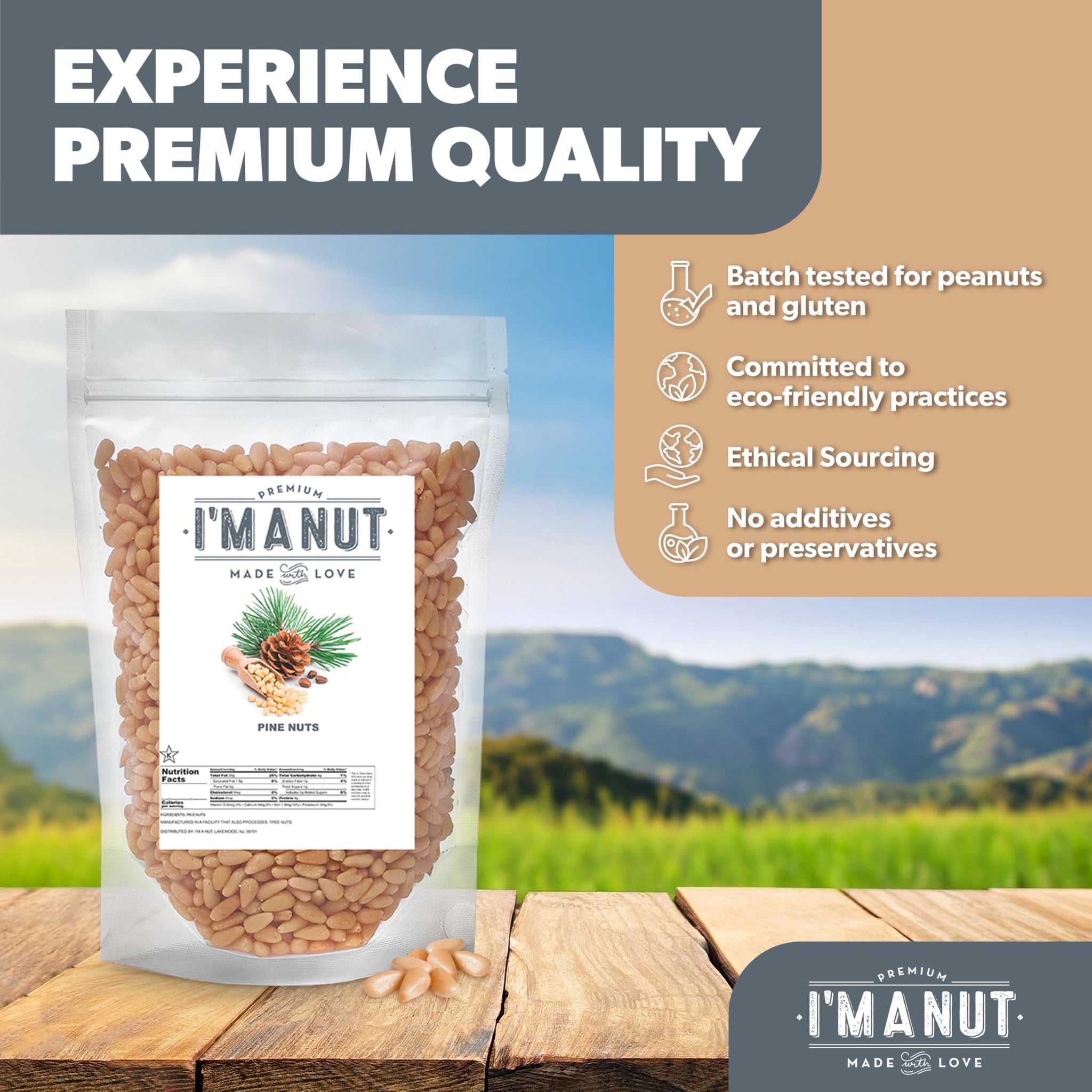 Premium Raw Pine Nuts 16oz (1 lb.) Non-GMO, No Additives Batch Tested Gluten & Peanut Free, Resealable Pouch for Freshness, Unsalted Pine Nuts