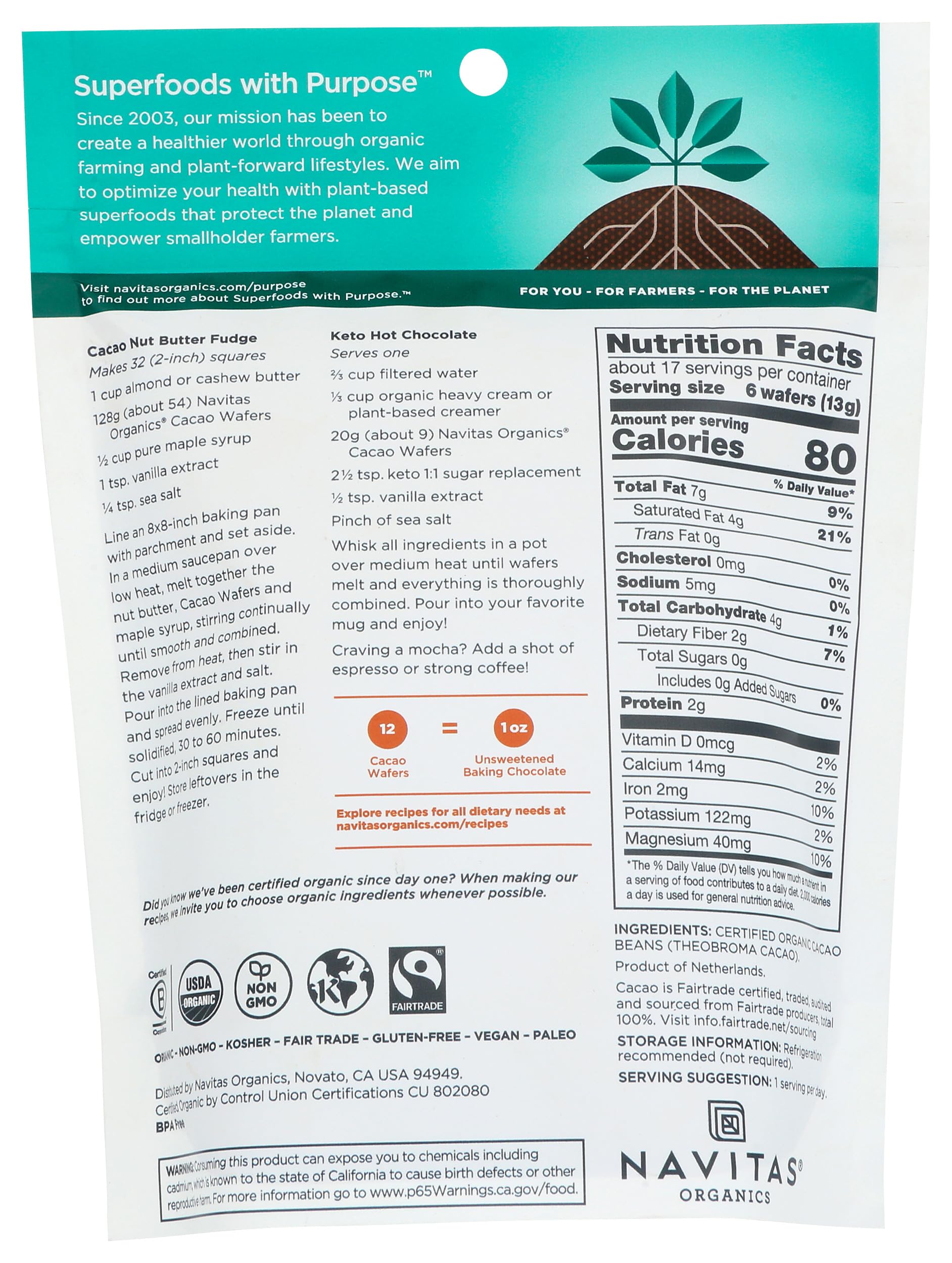 Navitas Organics Cacao Wafers - 100% Cocoa - Baking Chocolate For Hot Cocoa, Brownies, Cakes & More - Easy To Melt & Measure - USDA Organic, Fairtrade, Non GMO, Gluten Free (8oz. Bag, 17 Servings)
