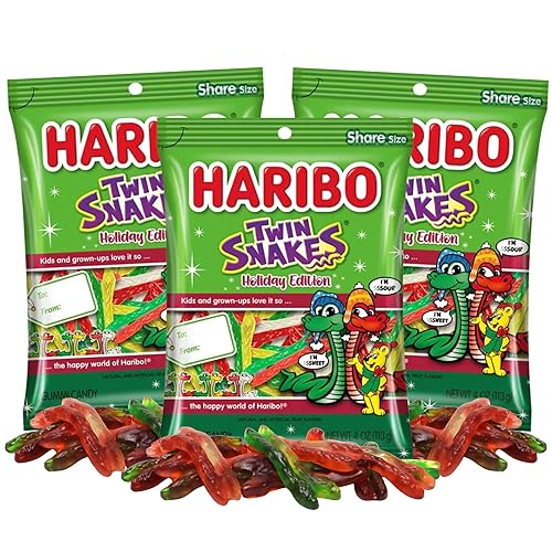 Haribo Holiday Twin Snakes, Sweet and Sour Gummy Candy, Christmas Stocking Stuffer Treats, 4 Ounces (Pack of 3)