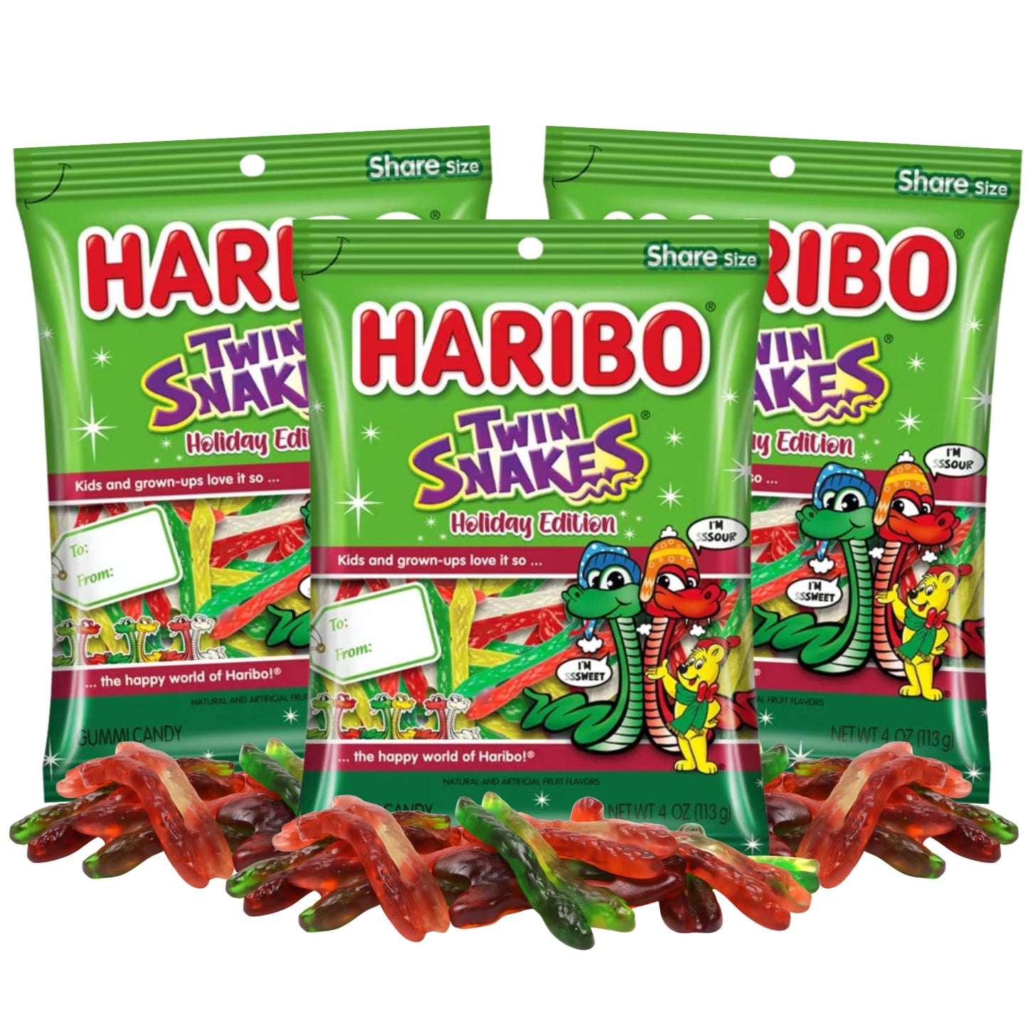 Haribo Holiday Twin Snakes, Sweet and Sour Gummy Candy, Christmas Stocking Stuffer Treats, 4 Ounces (Pack of 3)