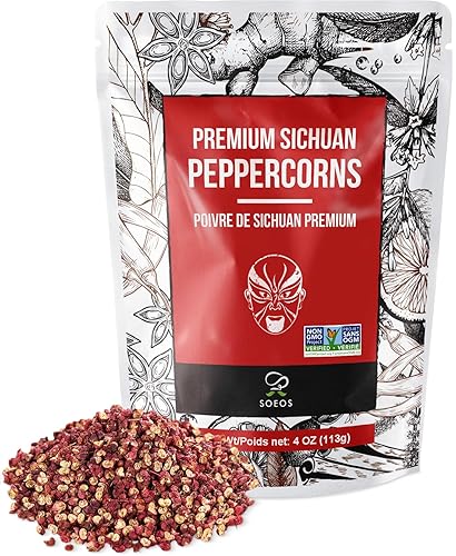 Soeos Sichuan Peppercorns, 4 Ounce(113g), Authentic Szechuan Red Peppercorn, Numbing and Tingle Effect, Less Seeds, Strong Flavor, Essential for Mapo