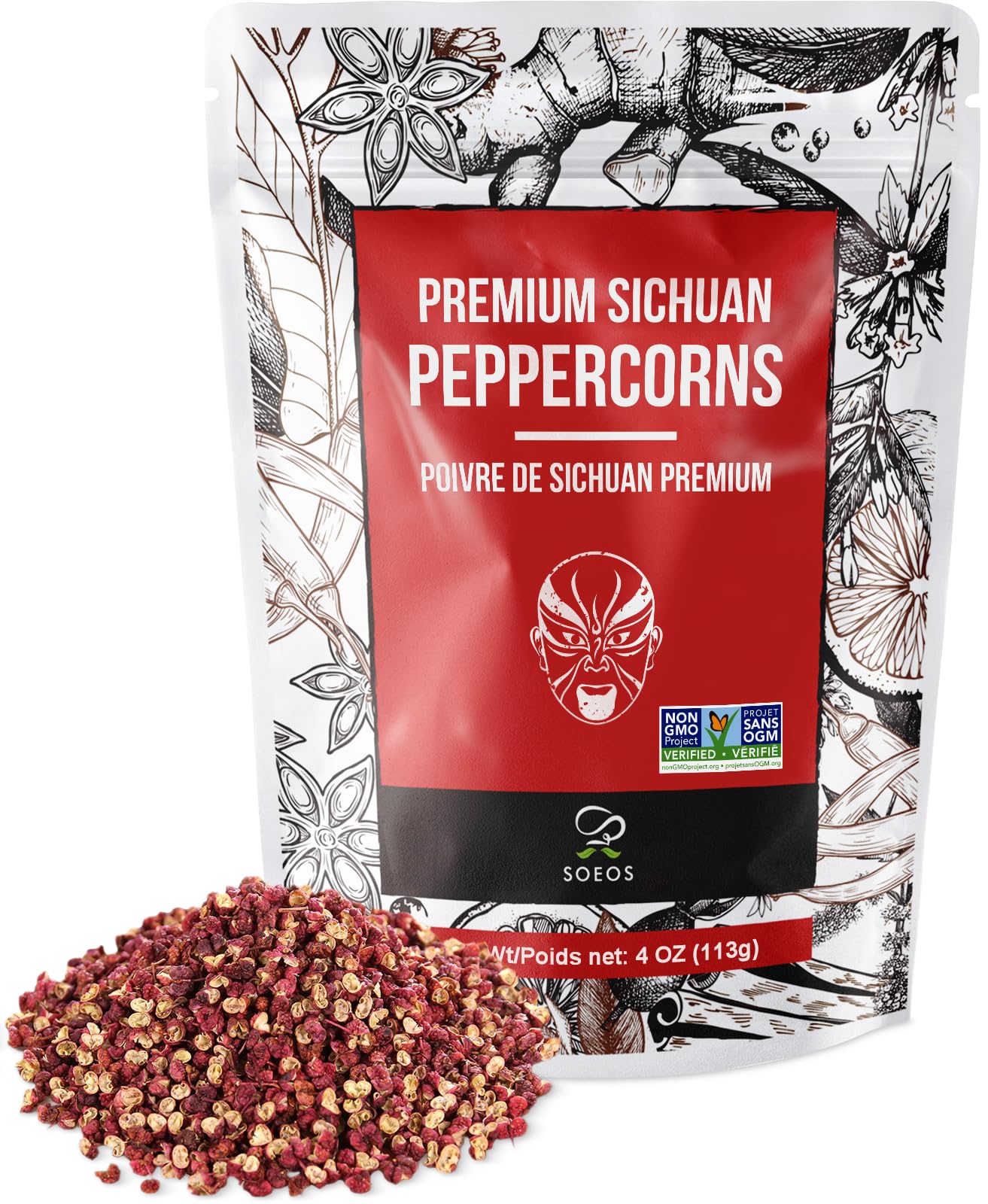 Soeos Sichuan Peppercorns, 4 Ounce(113g), Authentic Szechuan Red Peppercorn, Numbing and Tingle Effect, Less Seeds, Strong Flavor, Essential for Mapo