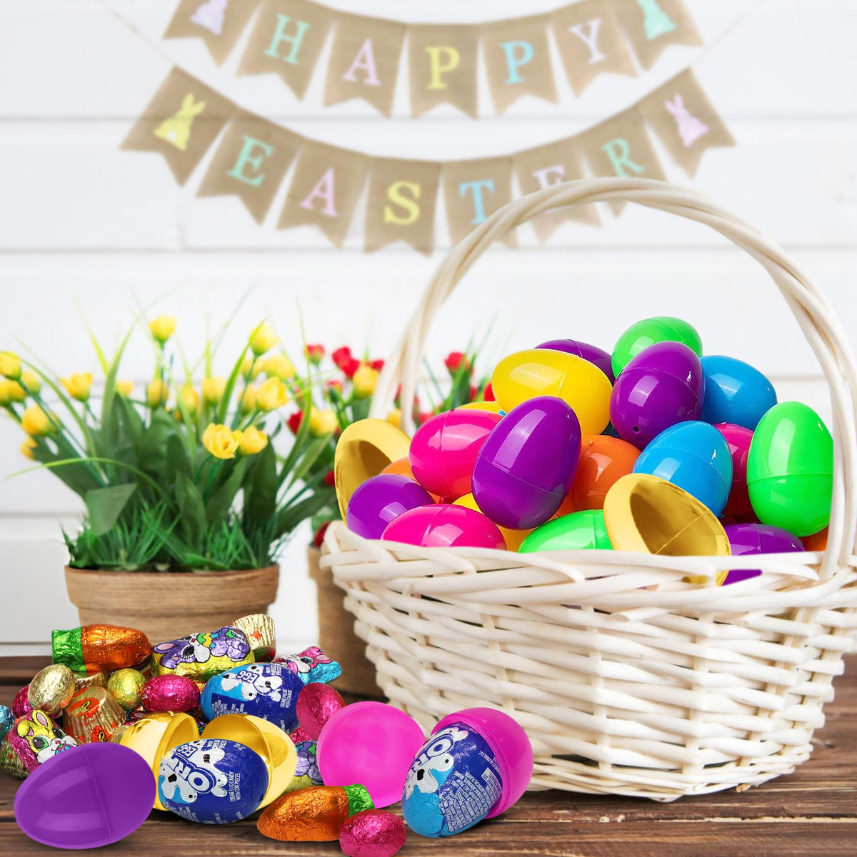 Easter Candy with Fillable Plastic Eggs Bundle - Bulk Pack Of 52 Plastic Eggs With Assorted Chocolate Candy for Filling - Holiday Party Treats