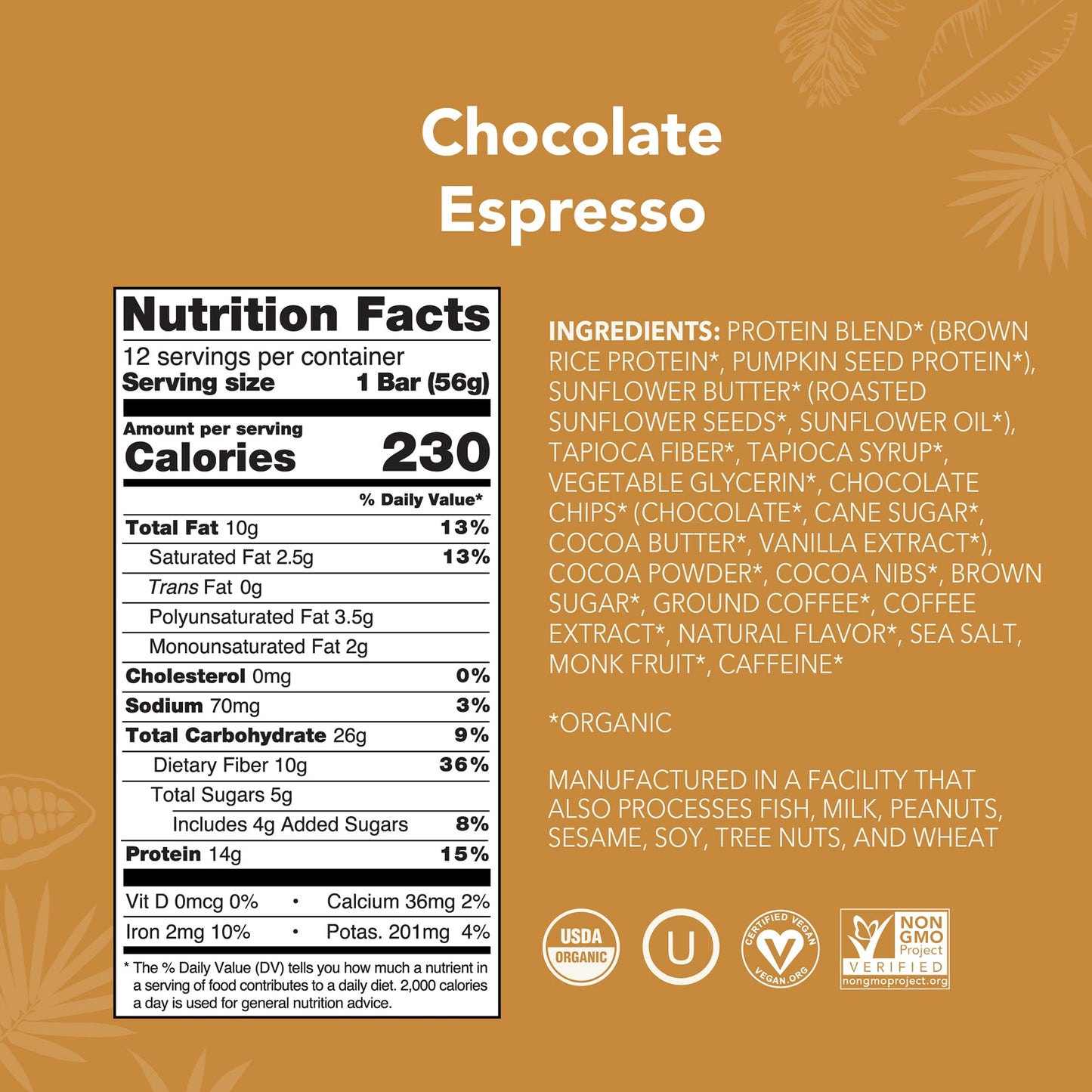 ALOHA Organic Plant Based Protein Bars - Chocolate Espresso (85mg Caffeine) - 12 Bars, Vegan, Low Sugar, Gluten-Free, Paleo, Low Carb, Non-GMO, No
