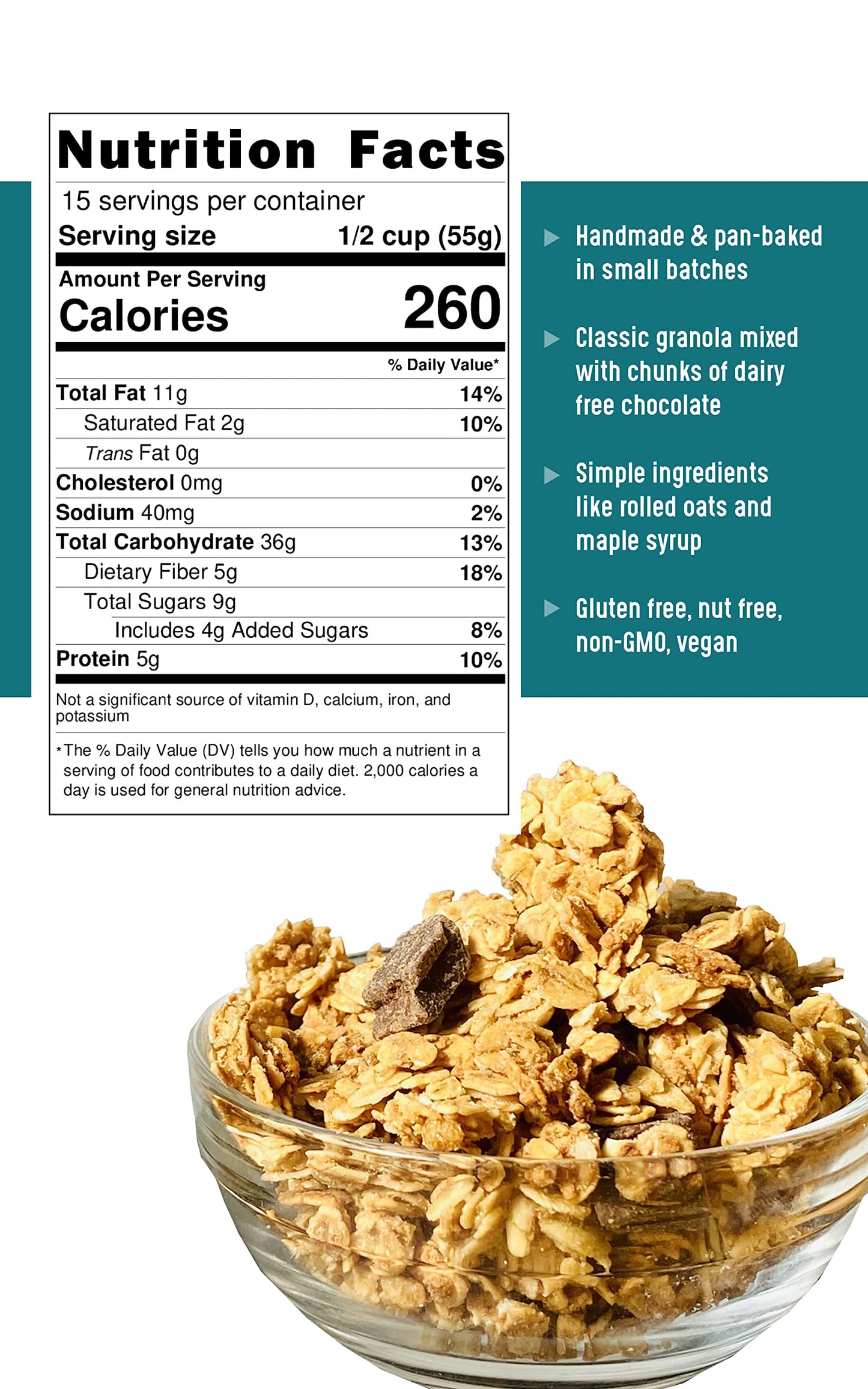 Amrita Chocolate Chunk Granola (30 oz) | Protein & Fiber Rich Rolled Oats Cereal | Gluten Free, Nut Free, Soy Free, Dairy Free, Vegan, non-GMO |