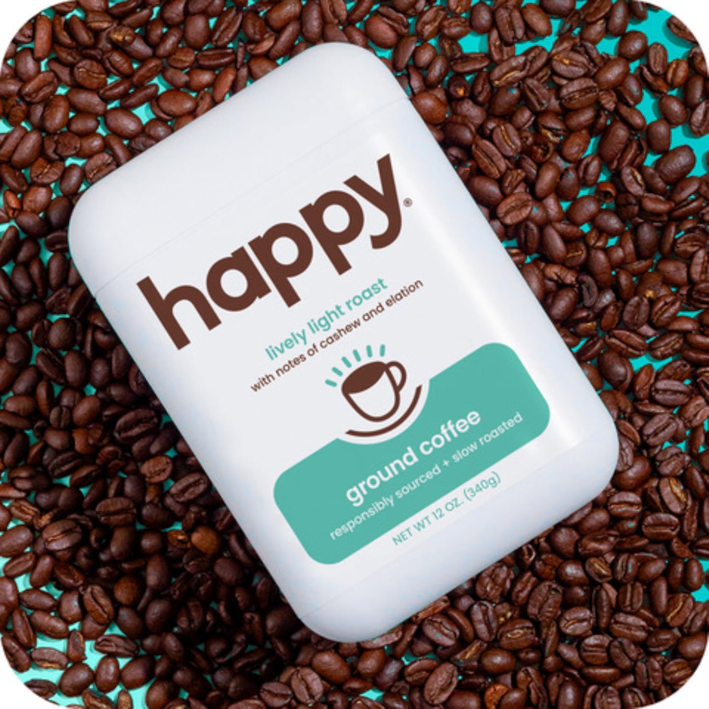 happy coffee light roast ground coffee, 12 oz., notes of cashew & elation, recyclable container, grown & harvested in Colombia, Brazil & Guatemala