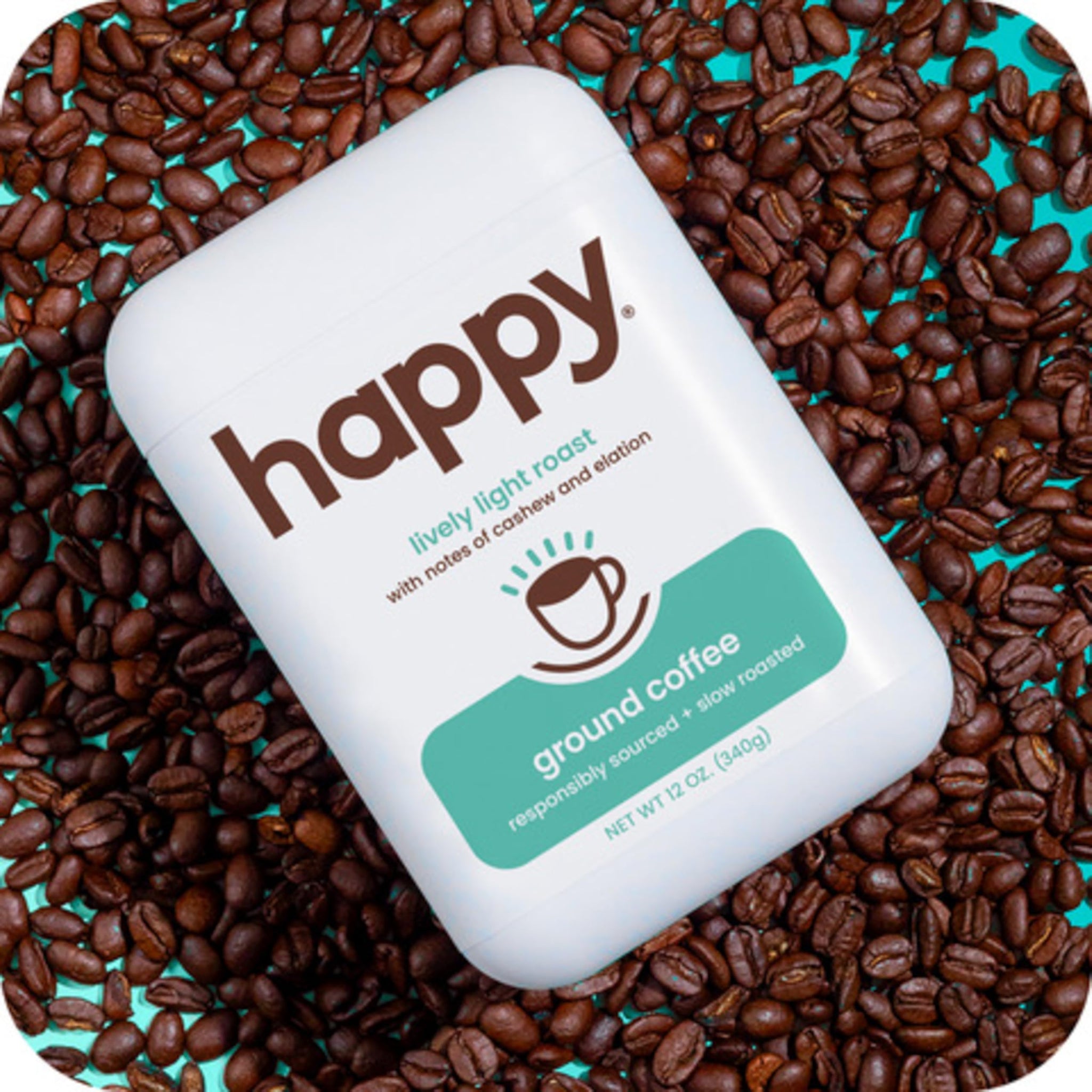 happy coffee light roast ground coffee, 12 oz., notes of cashew & elation, recyclable container, grown & harvested in Colombia, Brazil & Guatemala