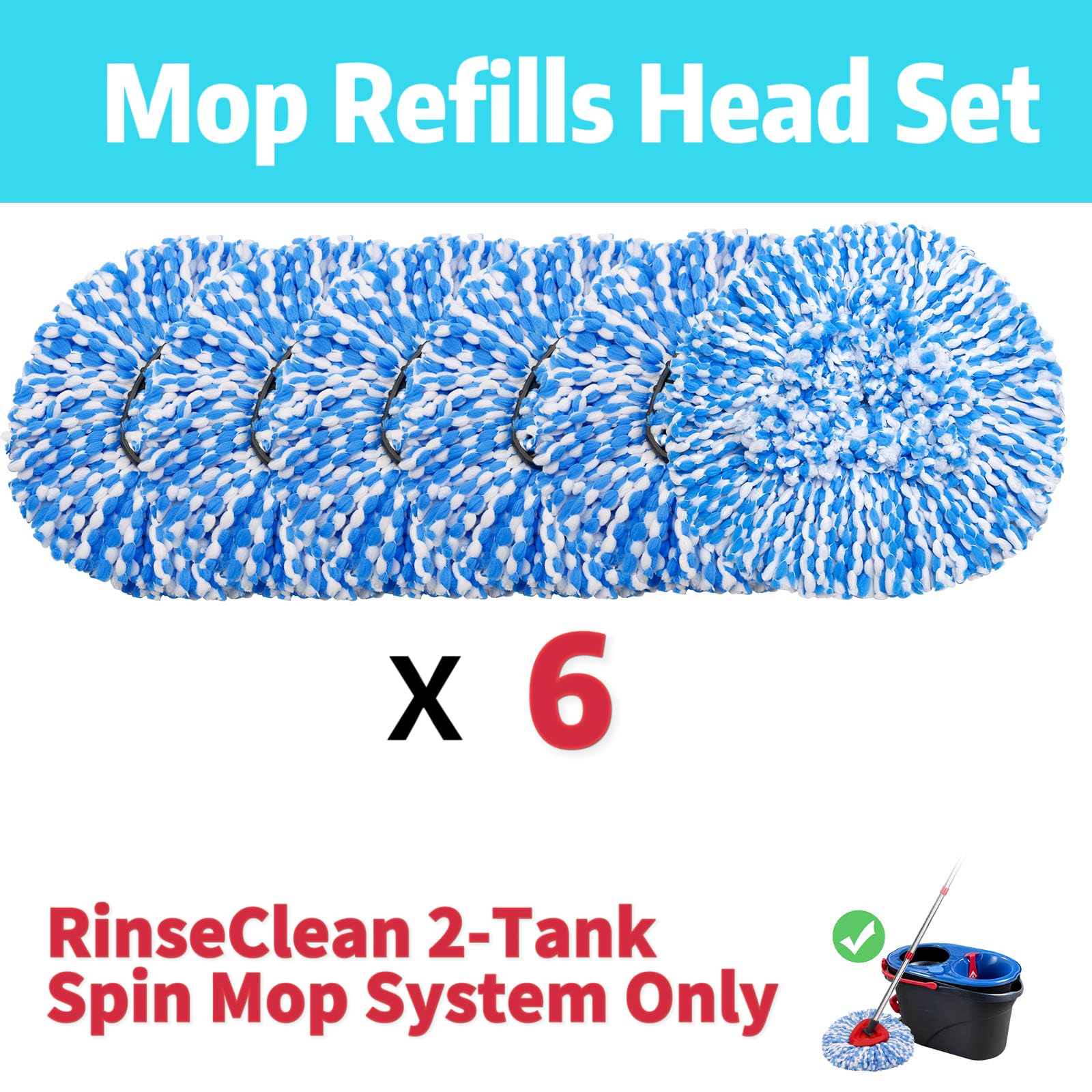 kCarpoly 6 Pack Spin Mop Heads Replacements Compatible for O ceda RinseClean 2 Tank System, Microfiber Mop Refills Head for 4.33in Core,Easy